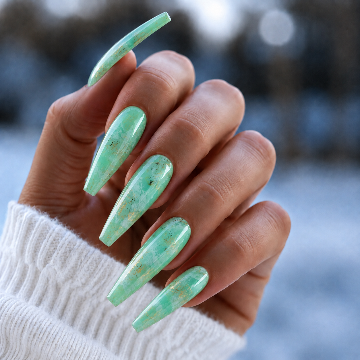 Finished manicured nails using BEMI Quartz Gel Polish in Amazon, demonstrating soft translucence, luminous depth, and a refined, professional finish.