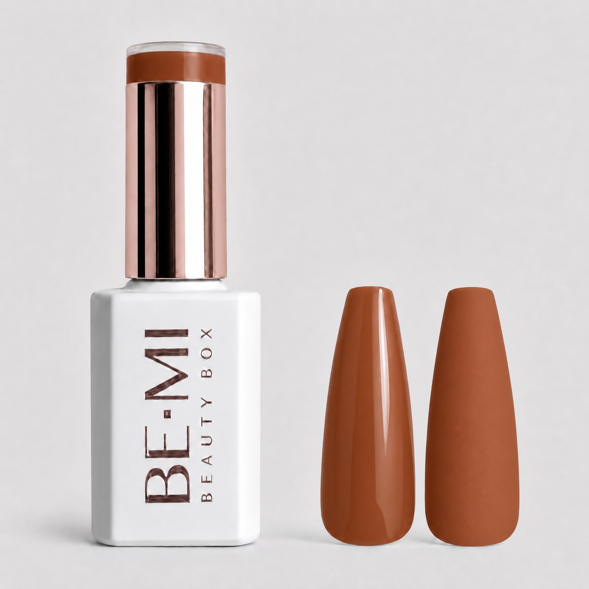 BEMI Creami F05 Gel Polish bottle and color swatch demonstrating full-coverage, self-leveling viscosity designed for professional, streak-free application.