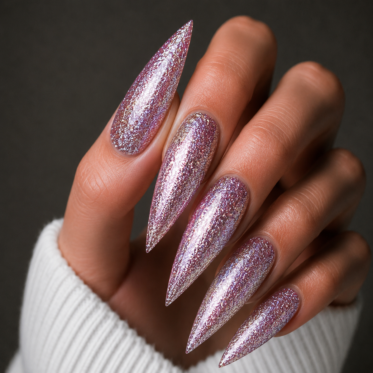 Finished manicured nails using BEMI Metal Leaf Gel in Aura, demonstrating a multidimensional, metallic effect and a flawless, professional finish.