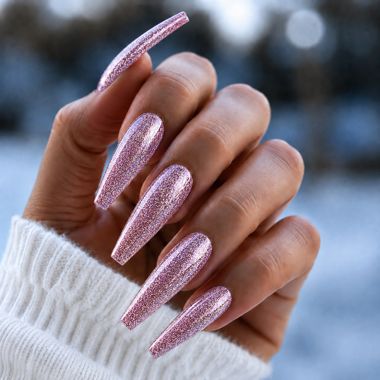 Finished manicured nails using BEMI Metal Leaf Gel in Aura, demonstrating a multidimensional, metallic effect and a flawless, professional finish.