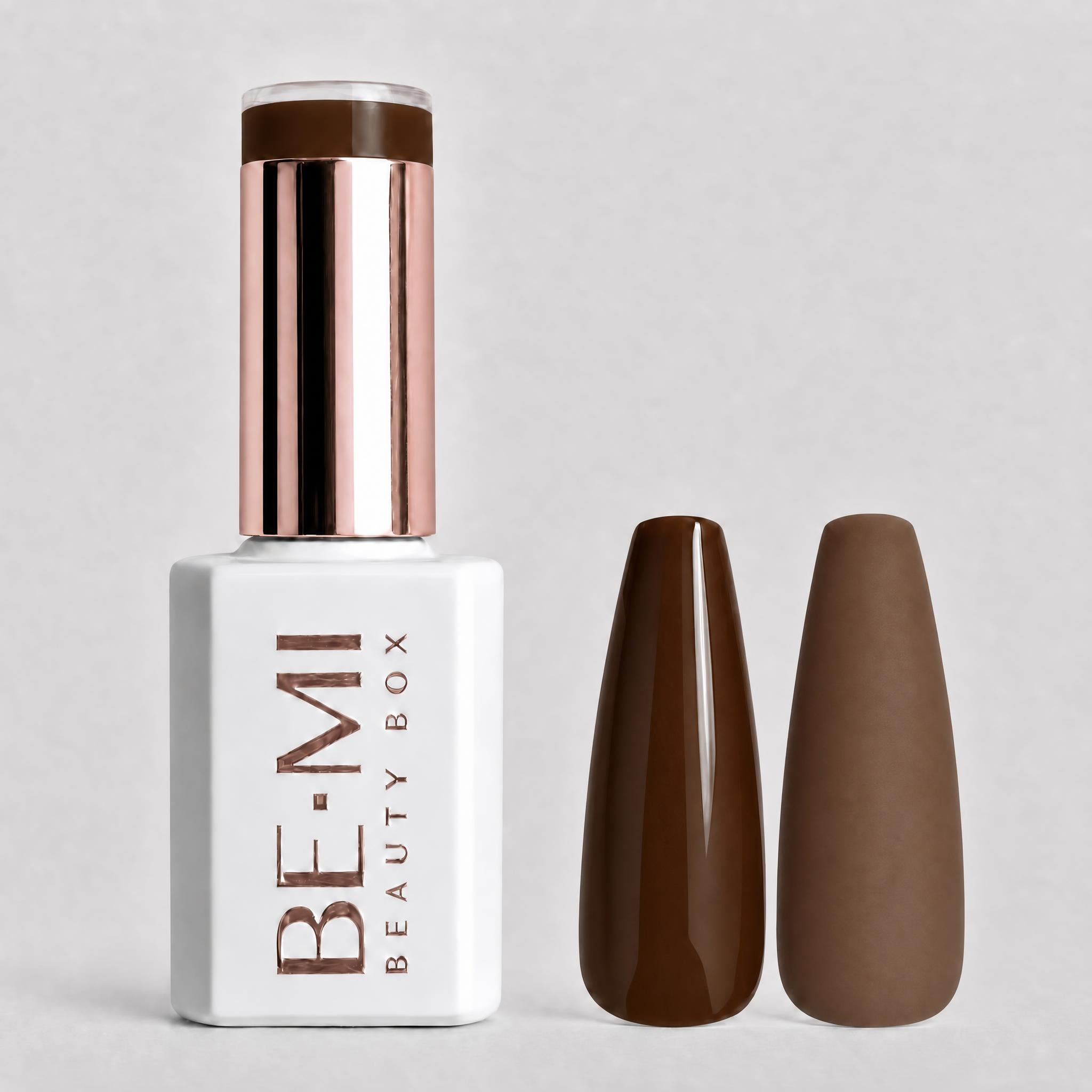 BEMI Creami F12 Gel Polish bottle and color swatch demonstrating full-coverage, self-leveling viscosity designed for professional, streak-free application.