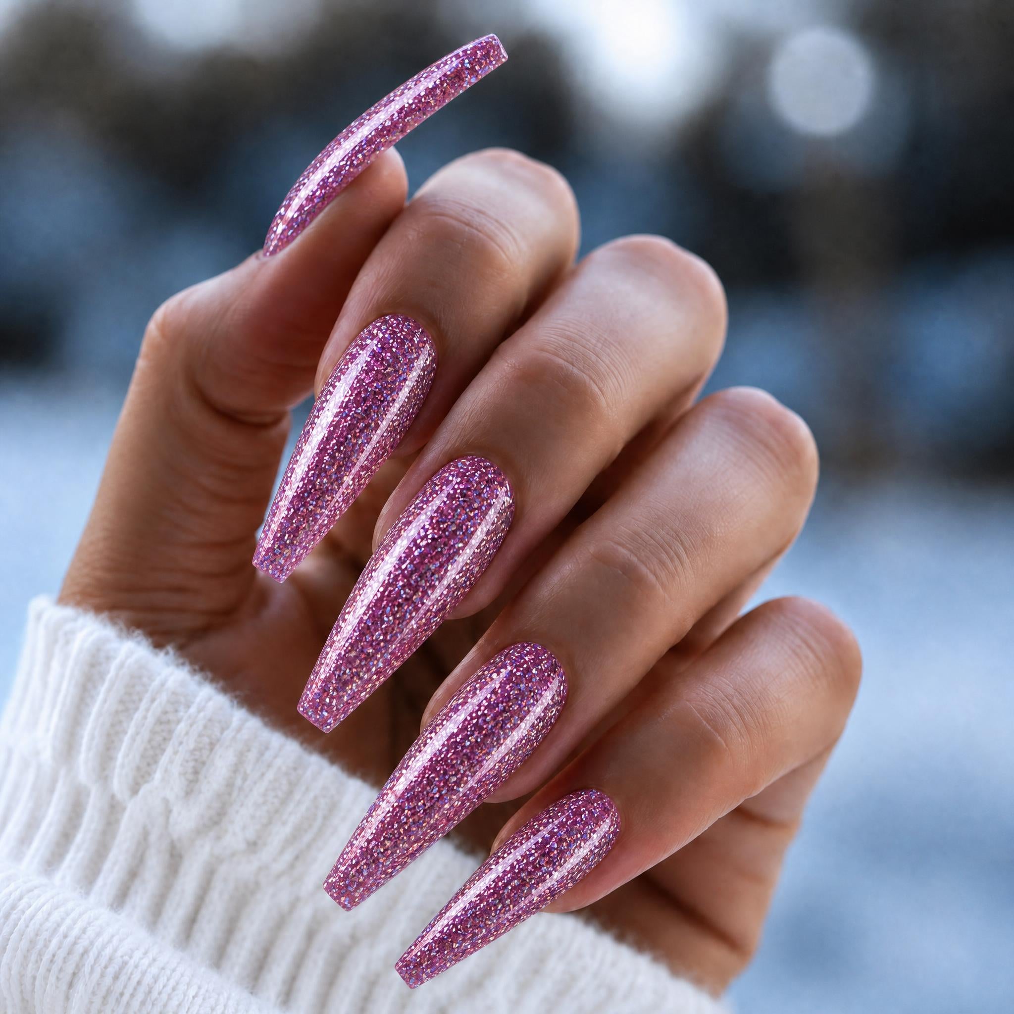 Finished manicured nails using Flirt BEMI Glitter Gel, demonstrating high-density, light-reflecting sparkle and a smooth, fully encapsulated professional finish.