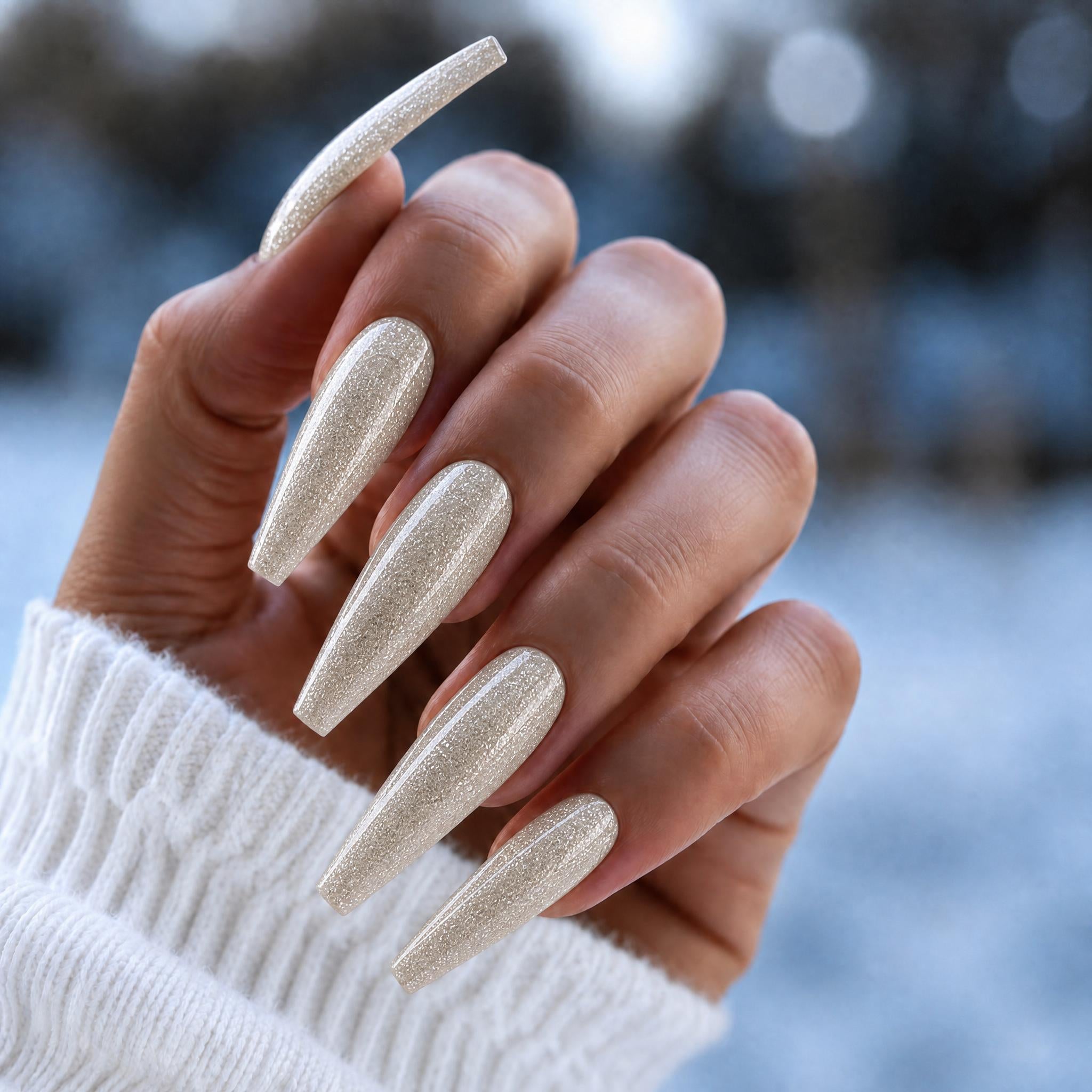 Finished manicured nails using Snowflake BEMI Glitter Gel, demonstrating high-density, light-reflecting sparkle and a smooth, fully encapsulated professional finish.