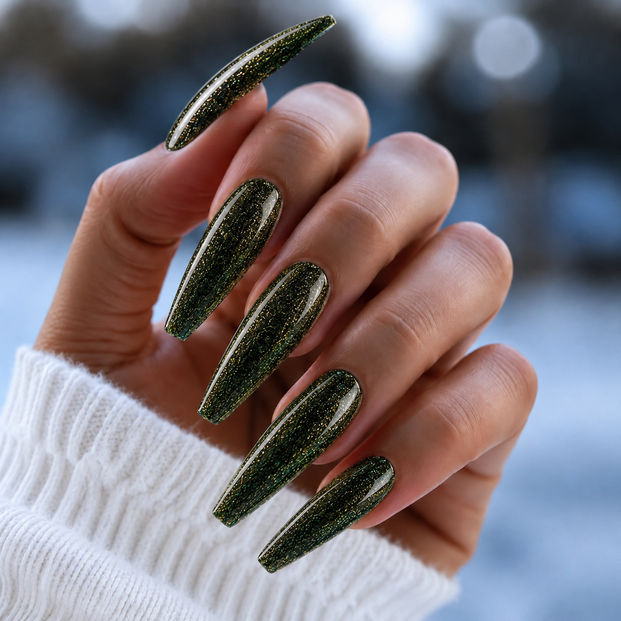 Finished manicured nails using BEMI Metal Leaf Gel in Evergreen, demonstrating a multidimensional, metallic effect and a flawless, professional finish.
