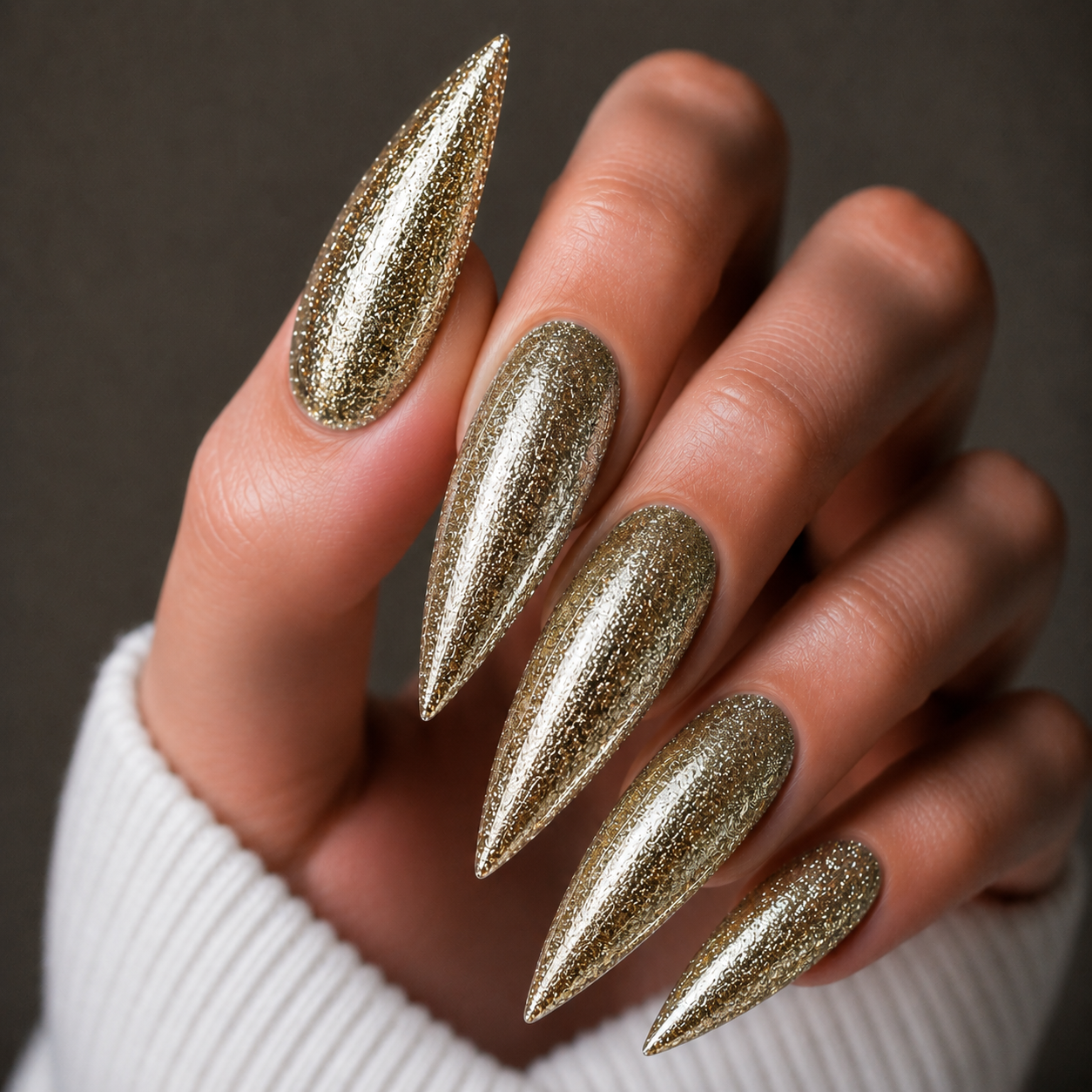 Finished manicured nails using BEMI Metal Leaf Gel in Gold, demonstrating a multidimensional, metallic effect and a flawless, professional finish.