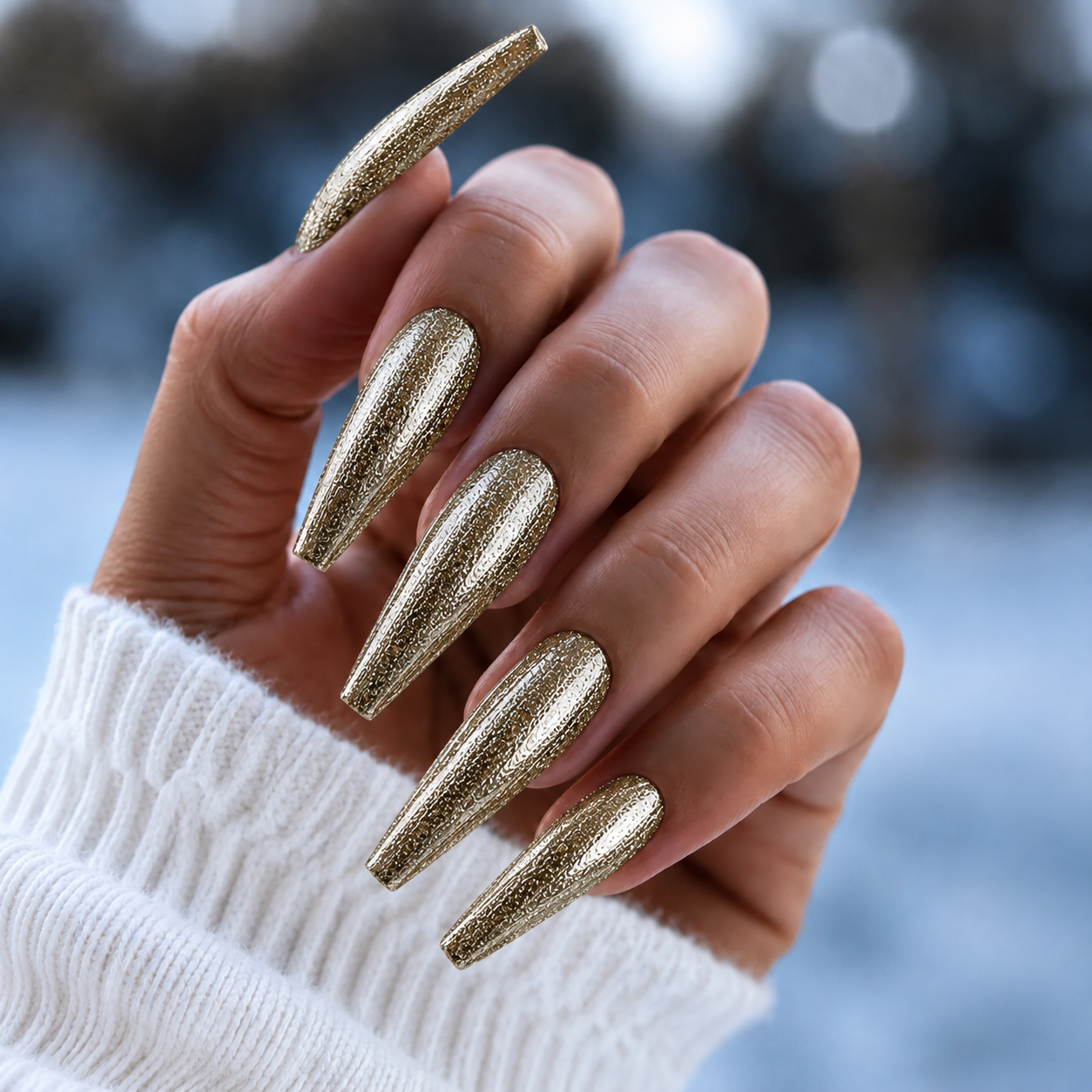 Finished manicured nails using BEMI Metal Leaf Gel in Gold, demonstrating a multidimensional, metallic effect and a flawless, professional finish.