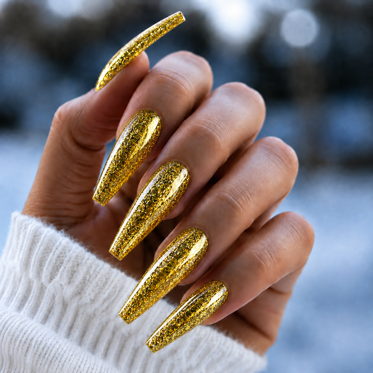 Finished manicured nails with a high-shine liquid metal effect using BEMI Chrome in Solar Flake, burnished flawlessly over a gel base for professional nail artistry.