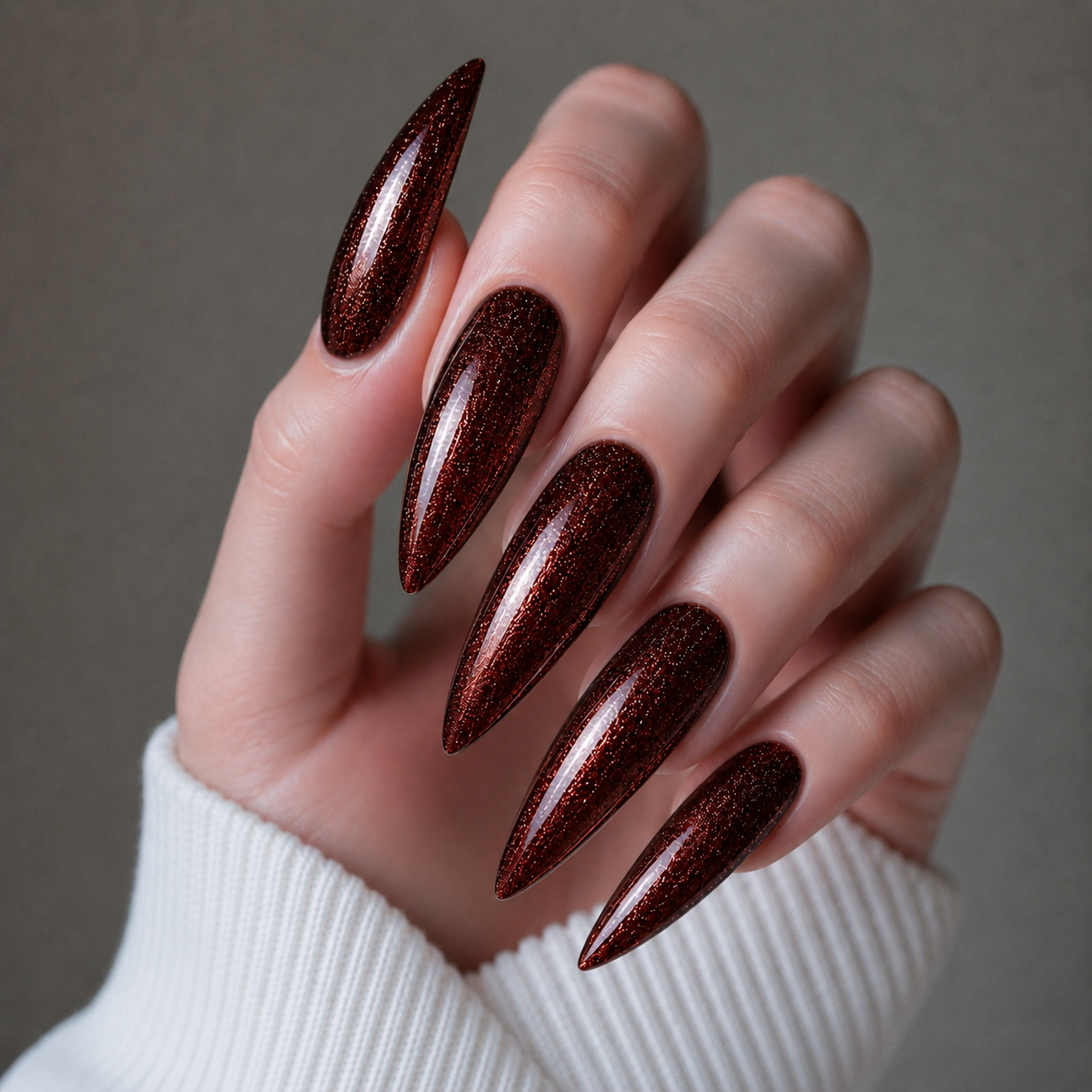 Finished manicured nails using Huntress BEMI Shimmer Gel, demonstrating fine micro-shimmer dispersion for a luminous, pearlescent effect and a flawless professional finish.