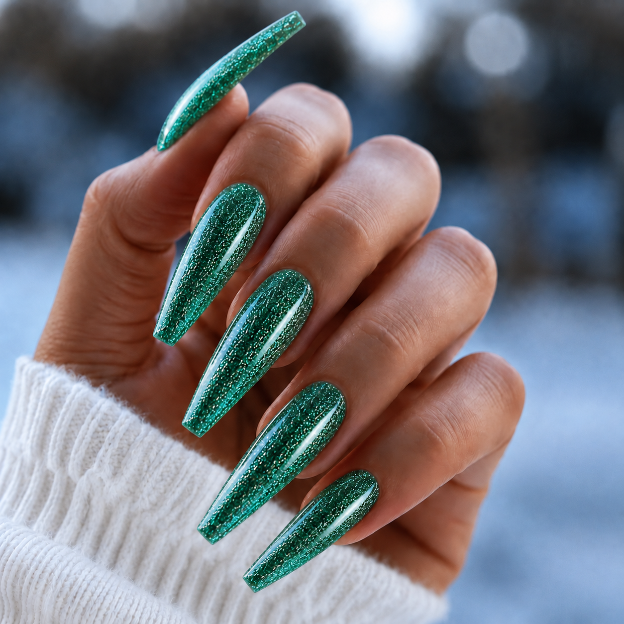 Finished manicured nails using BEMI Metal Leaf Gel in Jade, demonstrating a multidimensional, metallic effect and a flawless, professional finish.