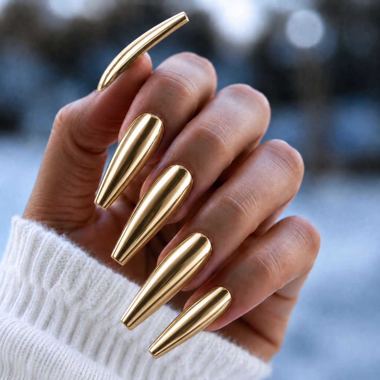 Finished manicured nails with a high-shine liquid metal effect using BEMI Chrome in Light Gold Mirror, burnished flawlessly over a gel base for professional nail artistry.