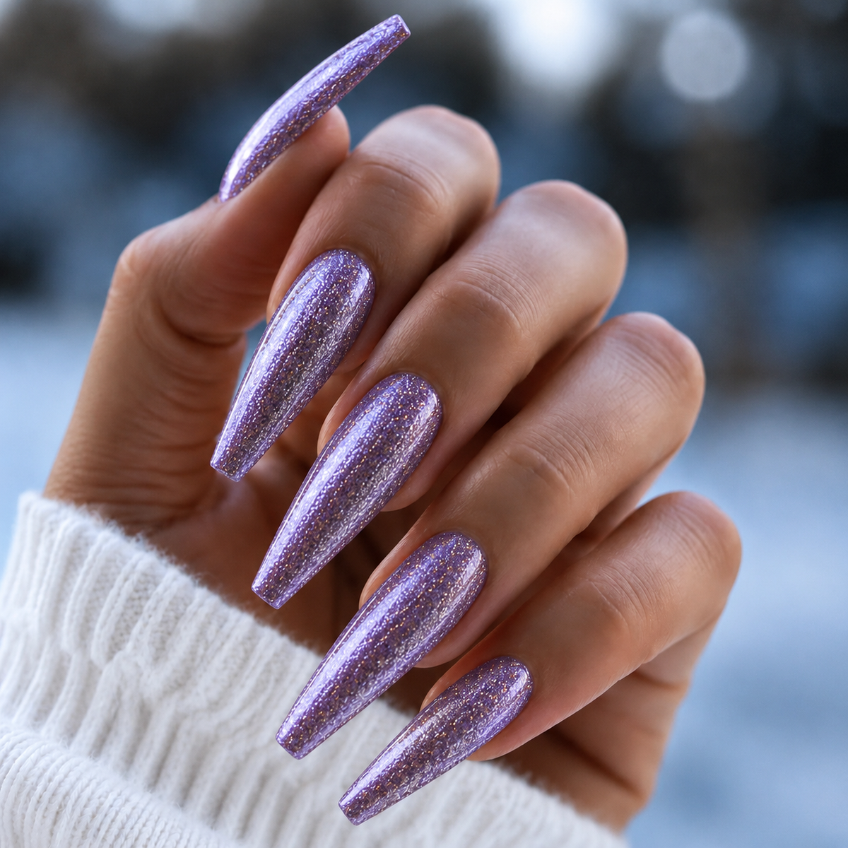 Finished manicured nails using BEMI Metal Leaf Gel in Lilac, demonstrating a multidimensional, metallic effect and a flawless, professional finish.