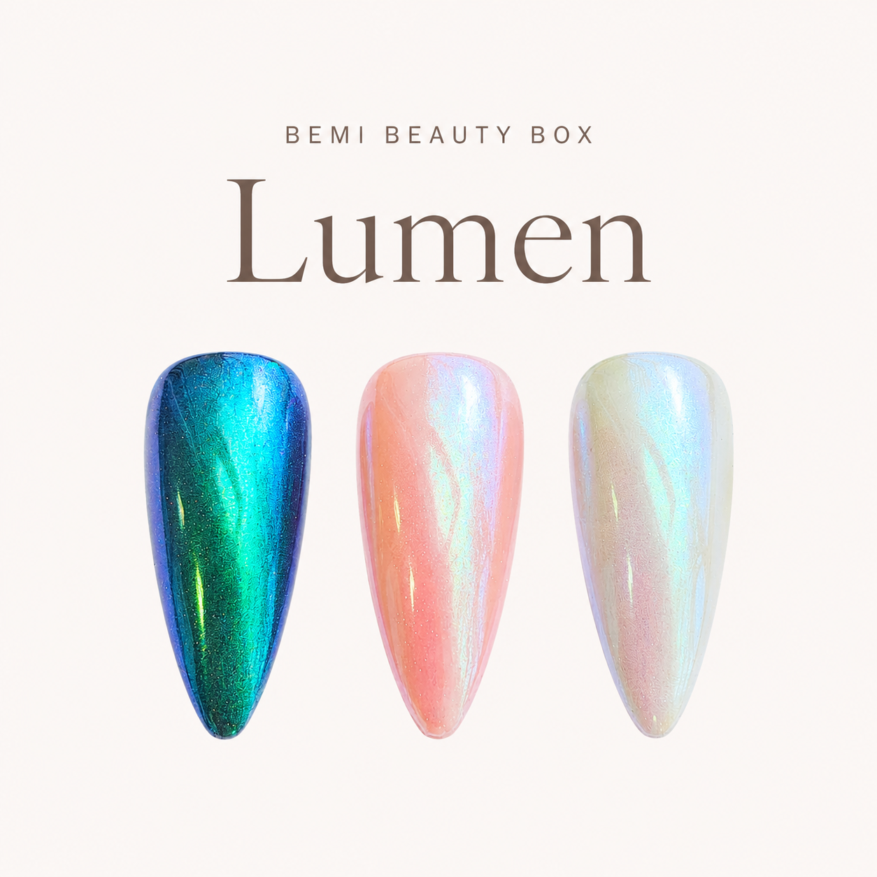 Finished manicured nails with a high-shine liquid metal effect using BEMI Chrome in Lumen, burnished flawlessly over a gel base for professional nail artistry.