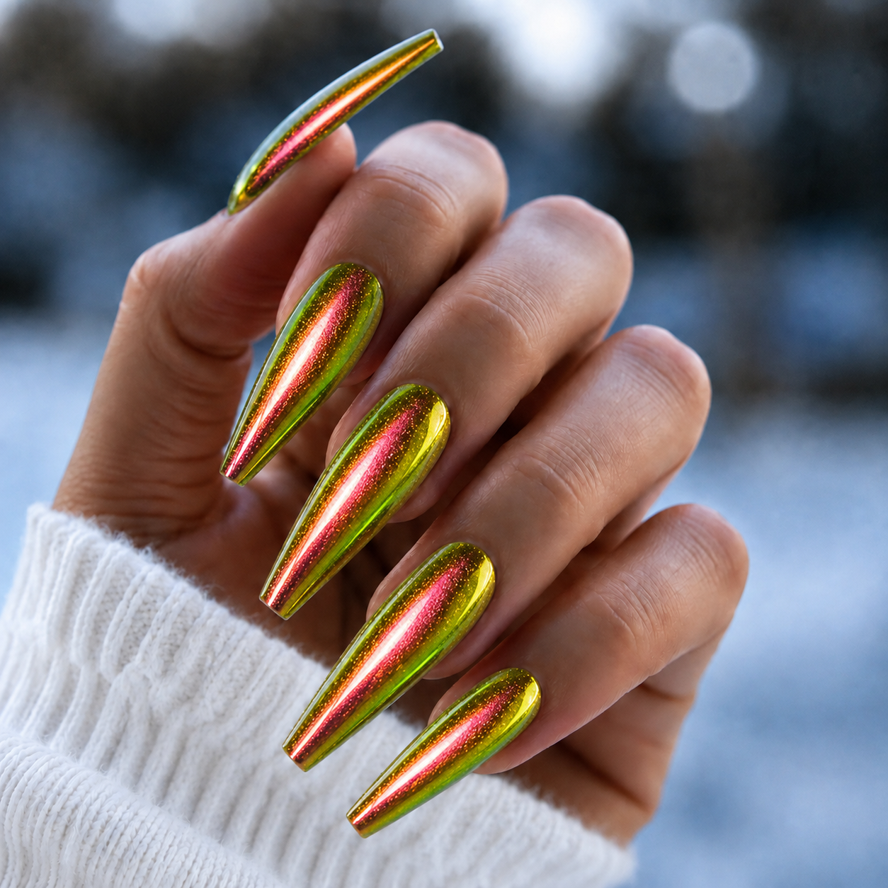 Finished manicured nails with a high-shine liquid metal effect using BEMI Chrome in Lustre, burnished flawlessly over a gel base for professional nail artistry.