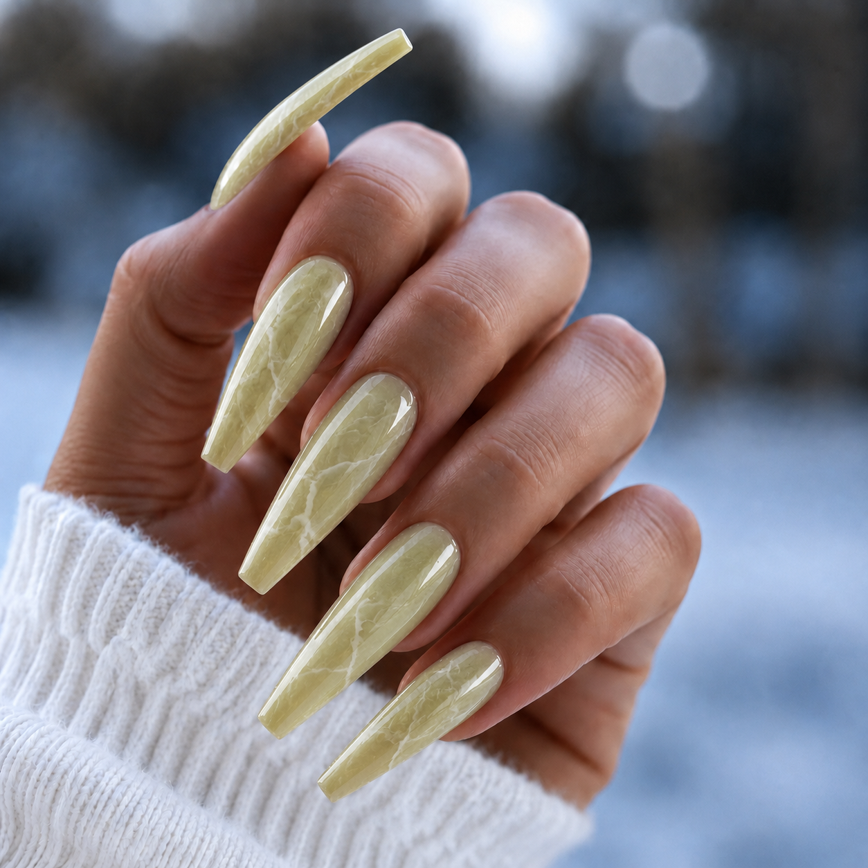 Finished manicured nails using BEMI Quartz Gel Polish in Matcha, demonstrating soft translucence, luminous depth, and a refined, professional finish.