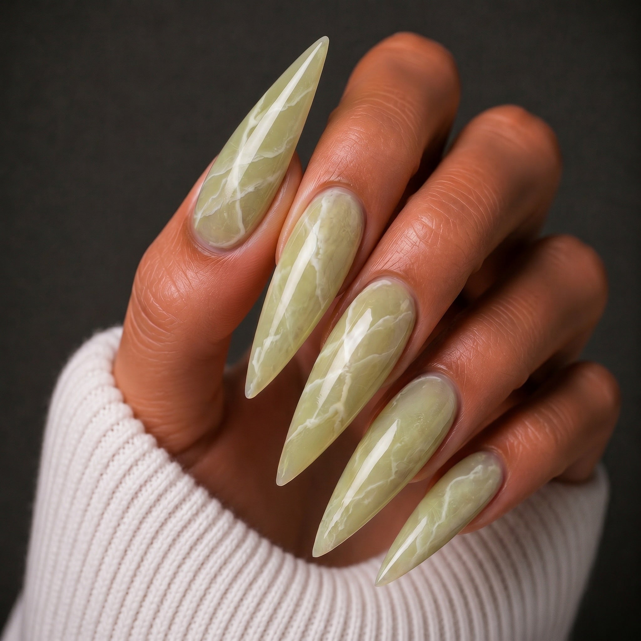 Finished manicured nails using BEMI Quartz Gel Polish in Matcha, demonstrating soft translucence, luminous depth, and a refined, professional finish.