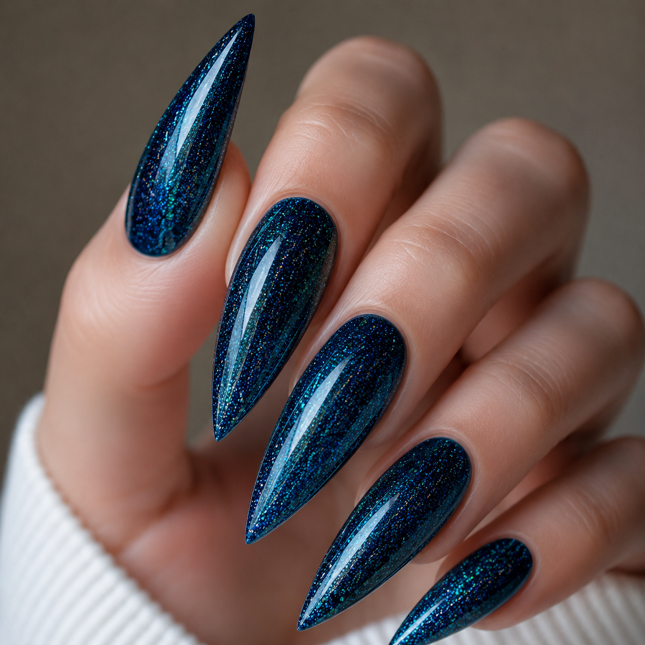 Finished manicured nails using BEMI Metal Leaf Gel in Midnight, demonstrating a multidimensional, metallic effect and a flawless, professional finish.