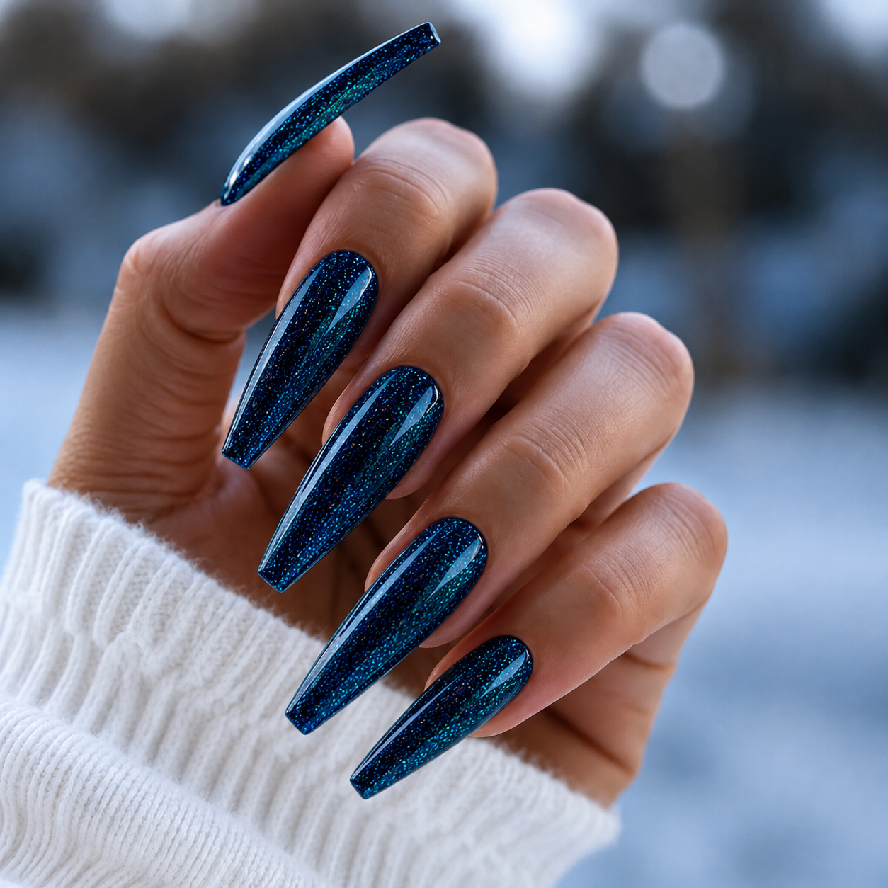 Finished manicured nails using BEMI Metal Leaf Gel in Midnight, demonstrating a multidimensional, metallic effect and a flawless, professional finish.