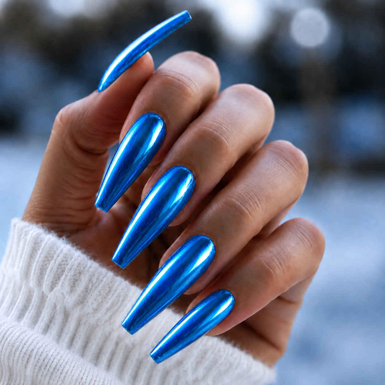 Finished manicured nails with a high-shine liquid metal effect using BEMI Chrome in Neo Blue, burnished flawlessly over a gel base for professional nail artistry.