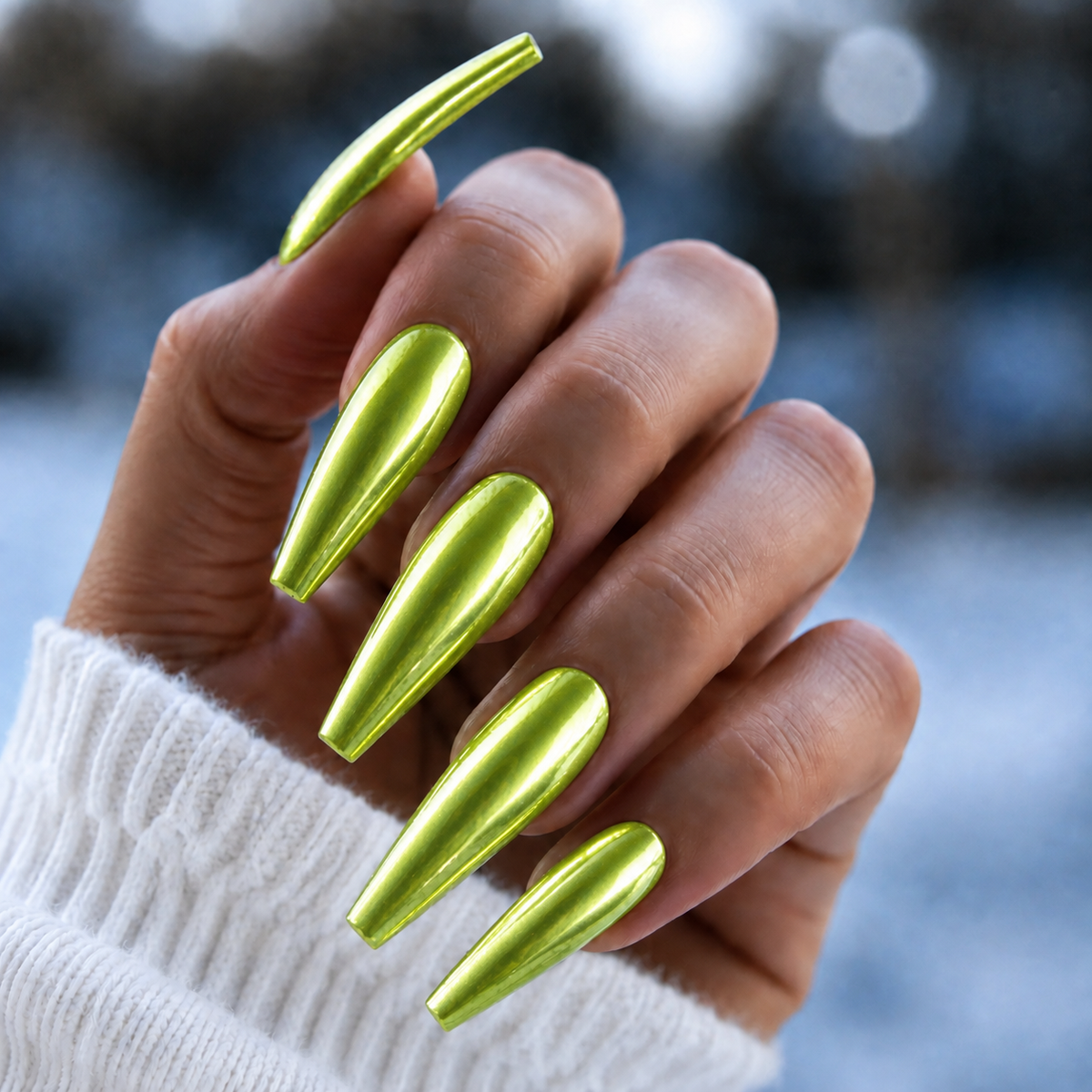 Finished manicured nails with a high-shine liquid metal effect using BEMI Chrome in Neo Green, burnished flawlessly over a gel base for professional nail artistry.