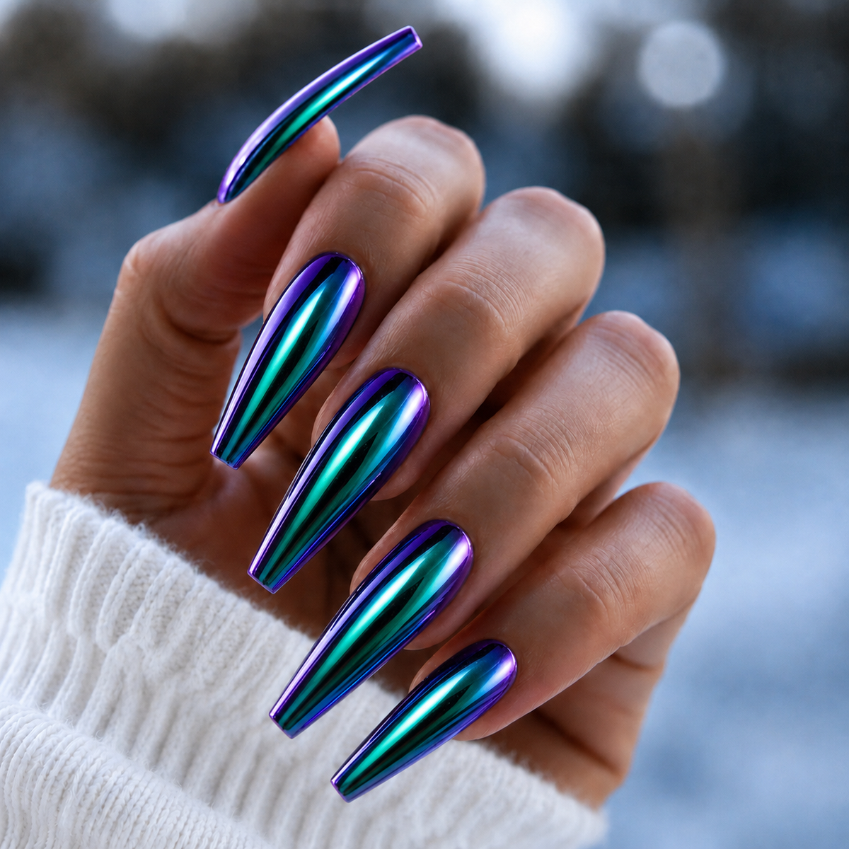 Finished manicured nails with a high-shine liquid metal effect using BEMI Chrome in Oil Slick, burnished flawlessly over a gel base for professional nail artistry.