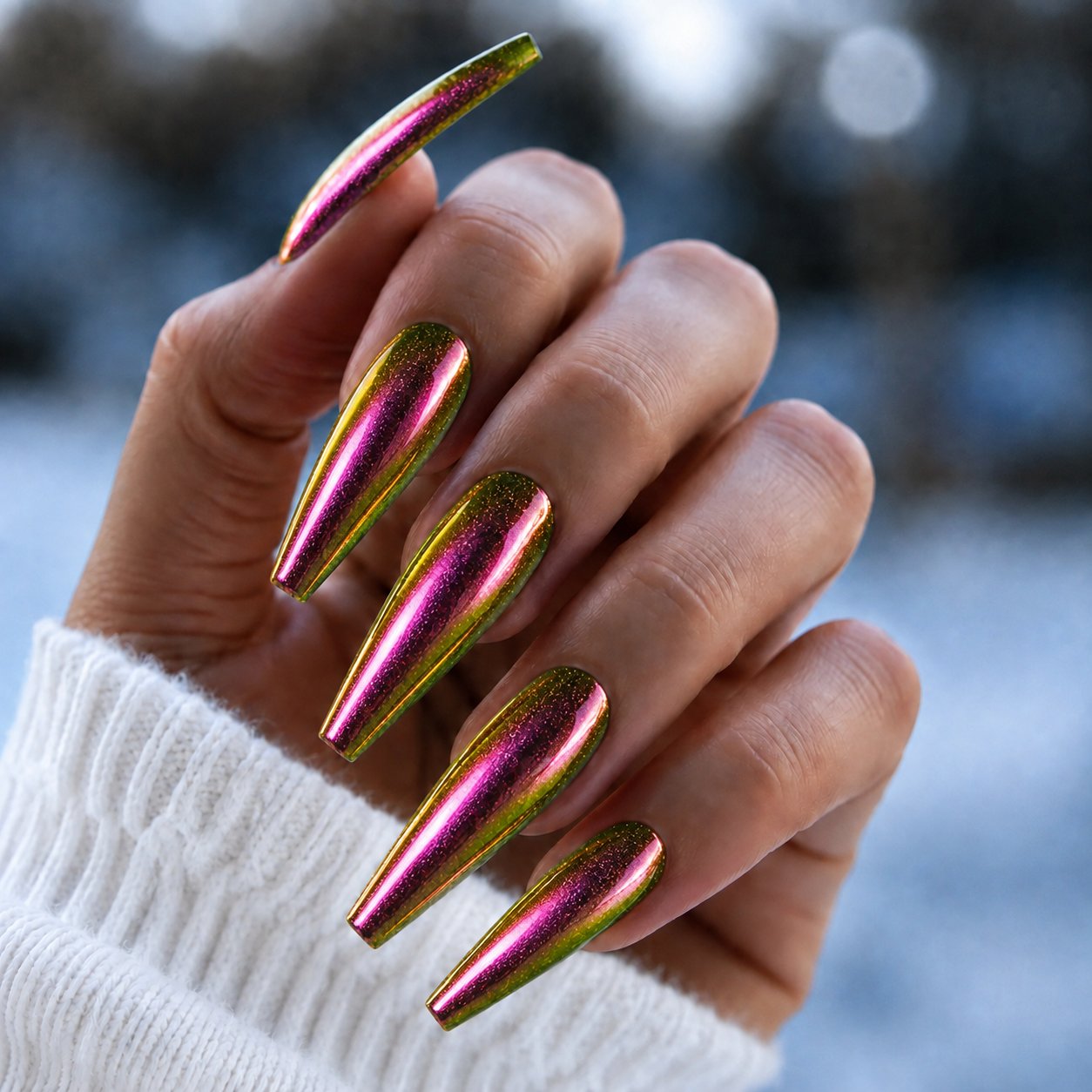 Finished manicured nails with a high-shine liquid metal effect using BEMI Chrome in Prism, burnished flawlessly over a gel base for professional nail artistry.
