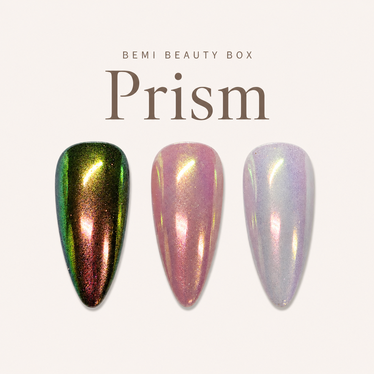 Finished manicured nails with a high-shine liquid metal effect using BEMI Chrome in Prism, burnished flawlessly over a gel base for professional nail artistry.