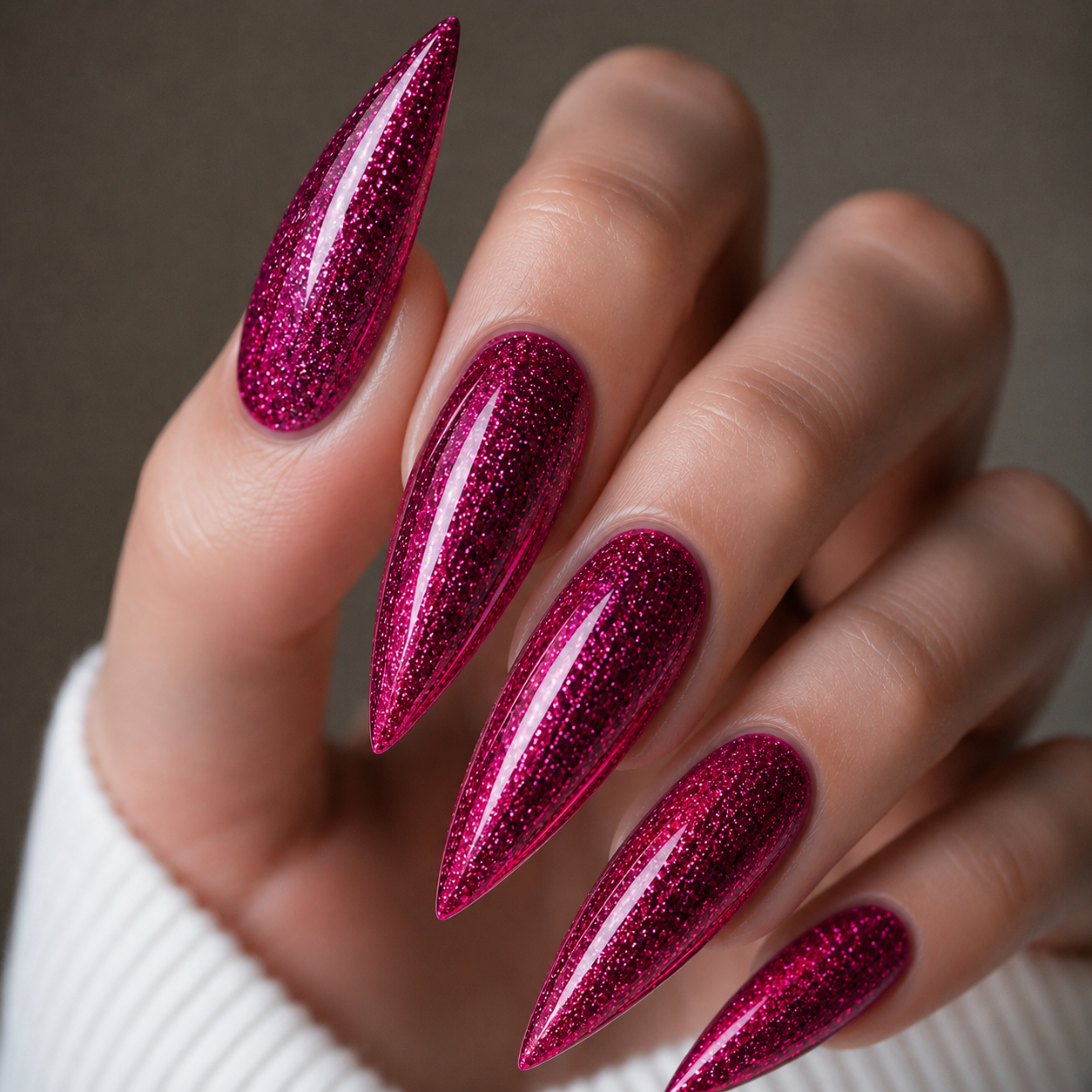 Finished manicured nails using BEMI Metal Leaf Gel in Raspberry, demonstrating a multidimensional, metallic effect and a flawless, professional finish.