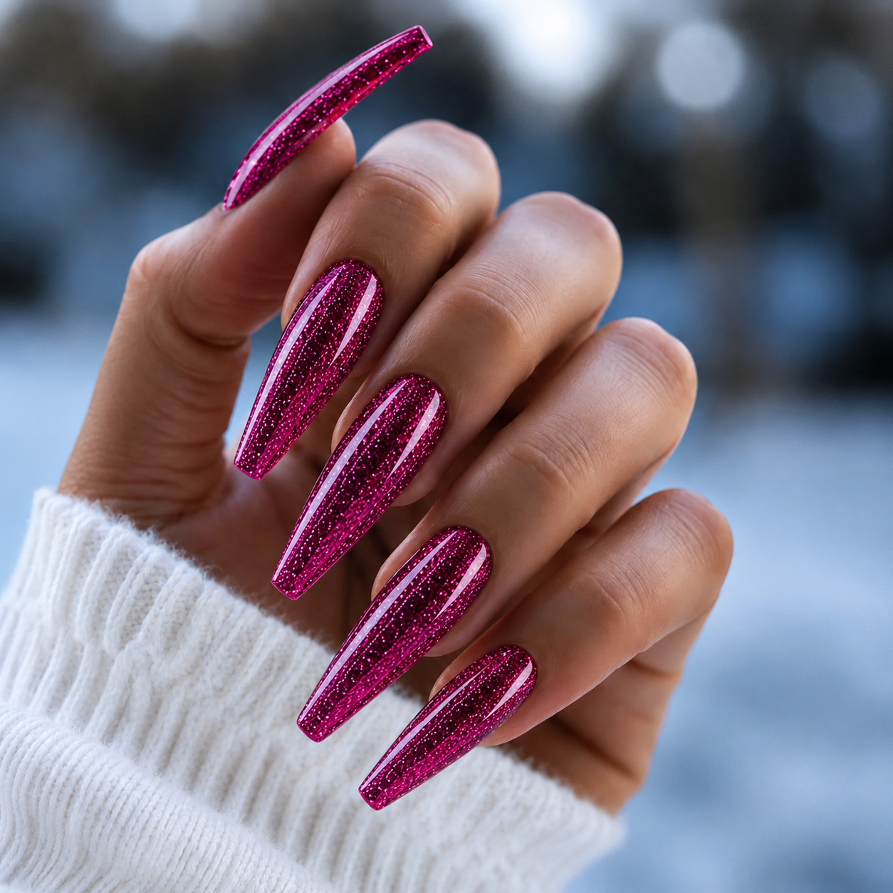 Finished manicured nails using BEMI Metal Leaf Gel in Raspberry, demonstrating a multidimensional, metallic effect and a flawless, professional finish.