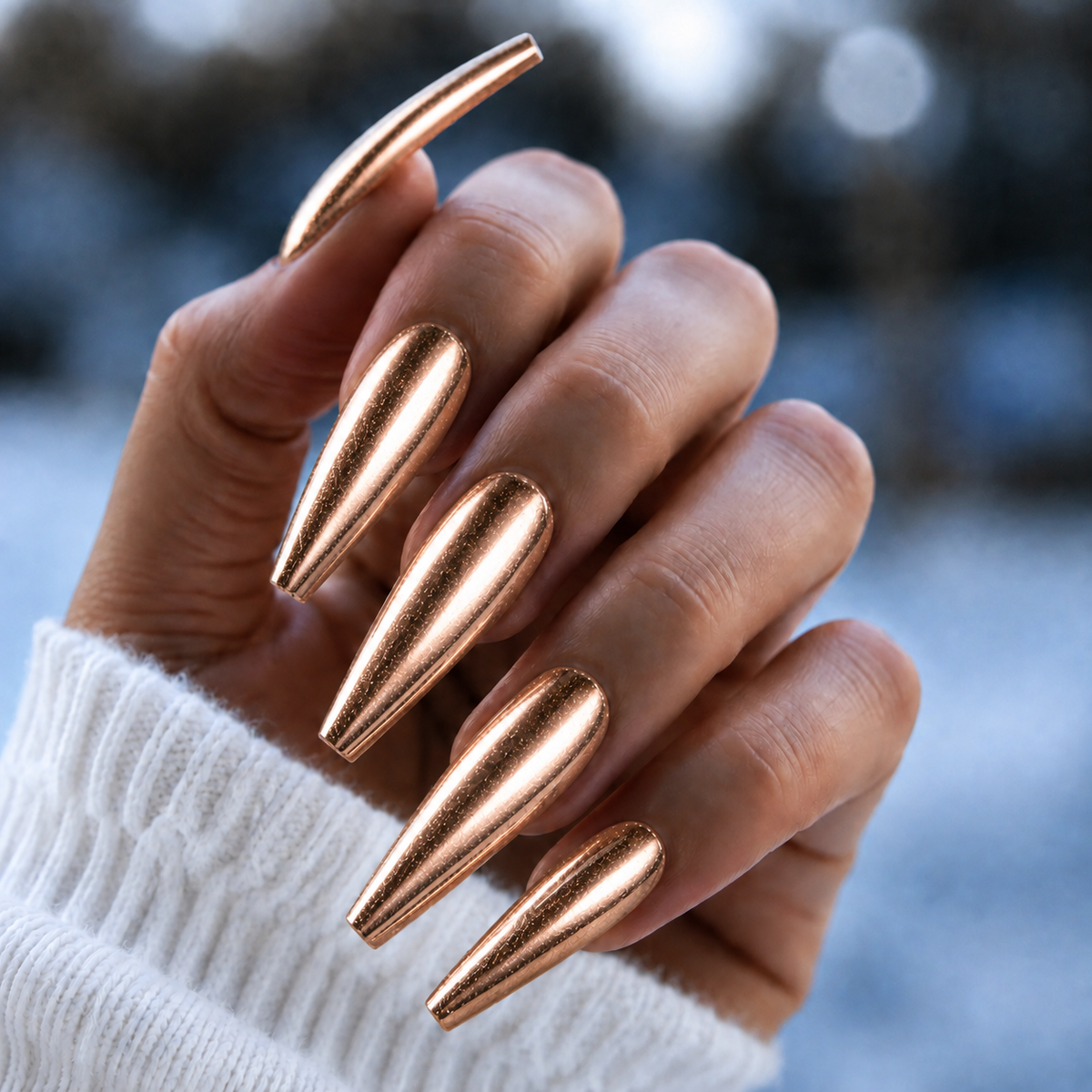 Finished manicured nails with a high-shine liquid metal effect using BEMI Chrome in Rose Gold, burnished flawlessly over a gel base for professional nail artistry.