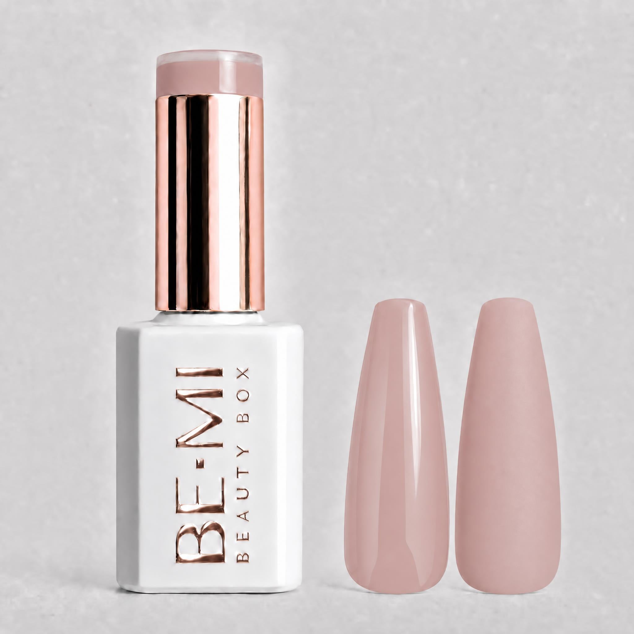 BEMI Creami SN02 Gel Polish bottle and color swatch demonstrating full-coverage, self-leveling viscosity designed for professional, streak-free application.