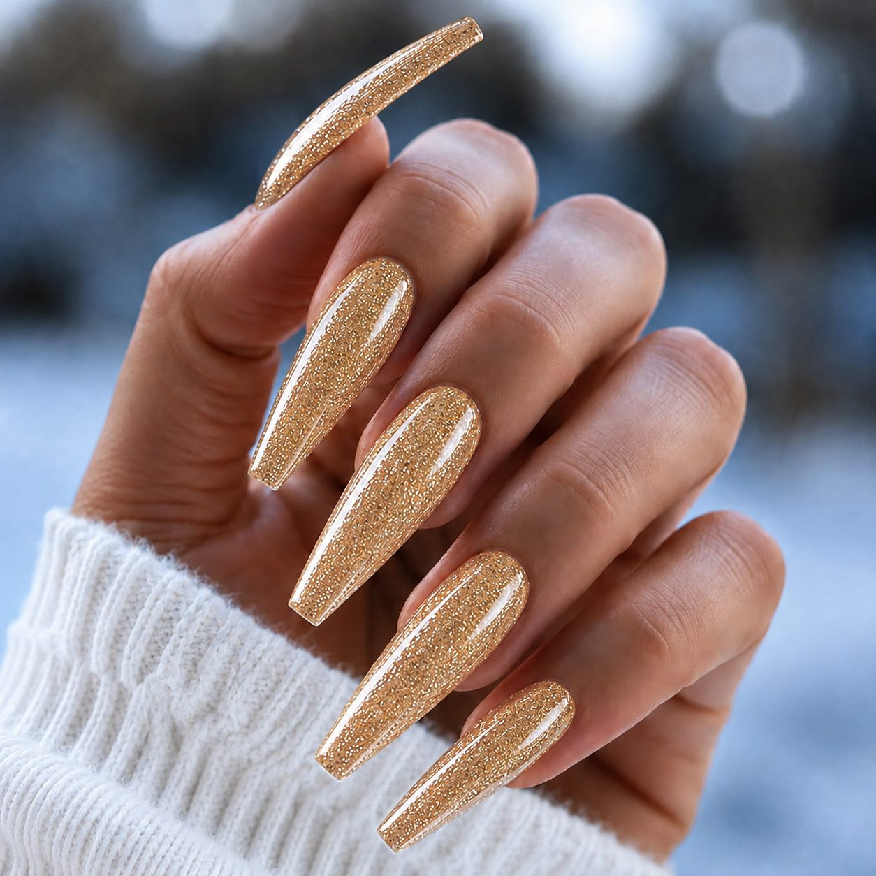 Finished manicured nails using BEMI Metal Leaf Gel in Silk, demonstrating a multidimensional, metallic effect and a flawless, professional finish.