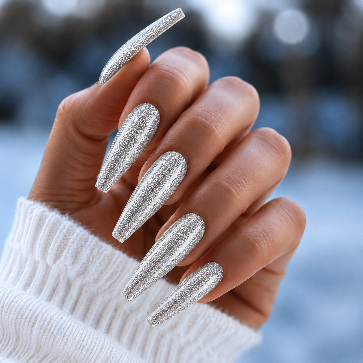 Finished manicured nails using BEMI Metal Leaf Gel in Silver, demonstrating a multidimensional, metallic effect and a flawless, professional finish.