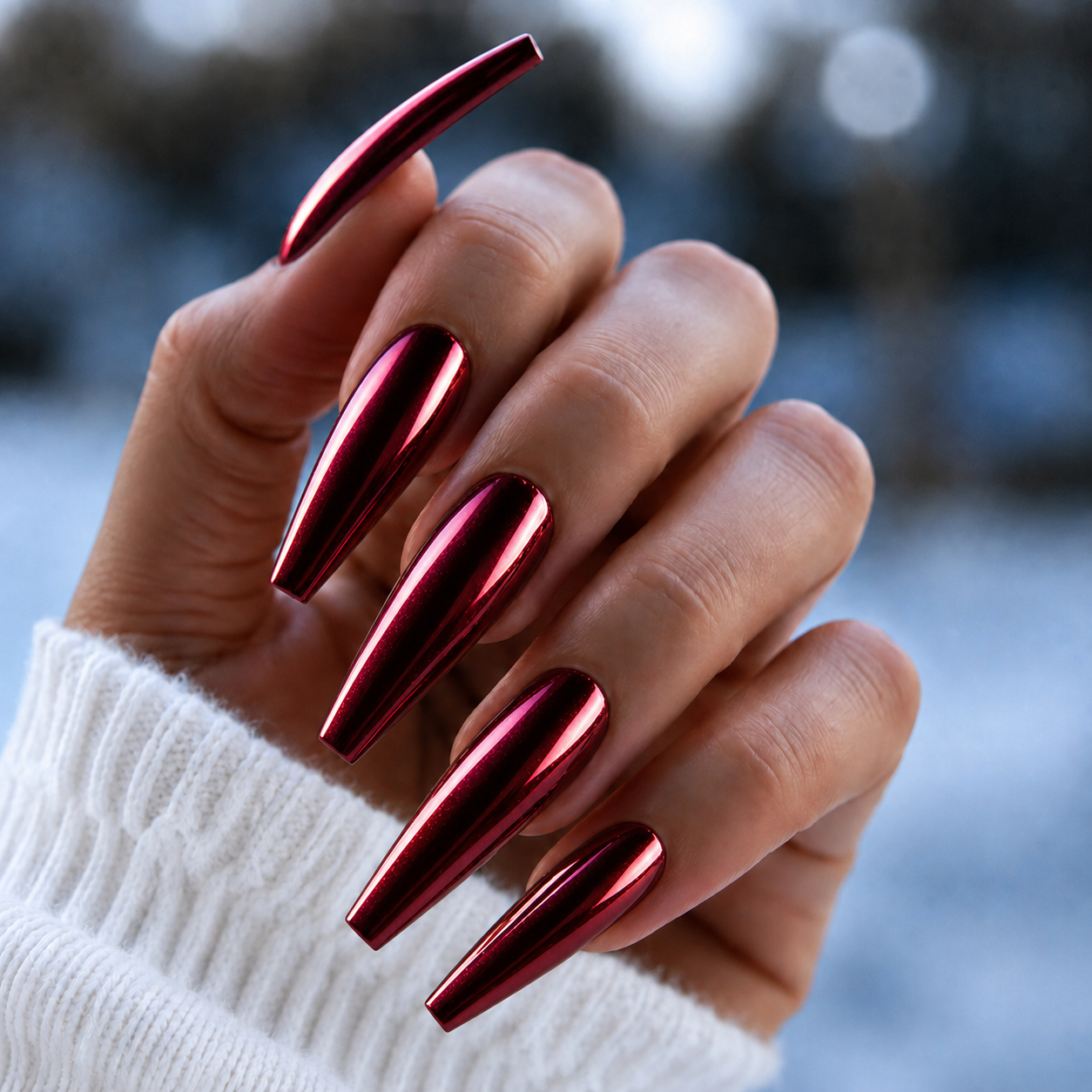 Finished manicured nails with a high-shine liquid metal effect using BEMI Chrome in Siren, burnished flawlessly over a gel base for professional nail artistry.