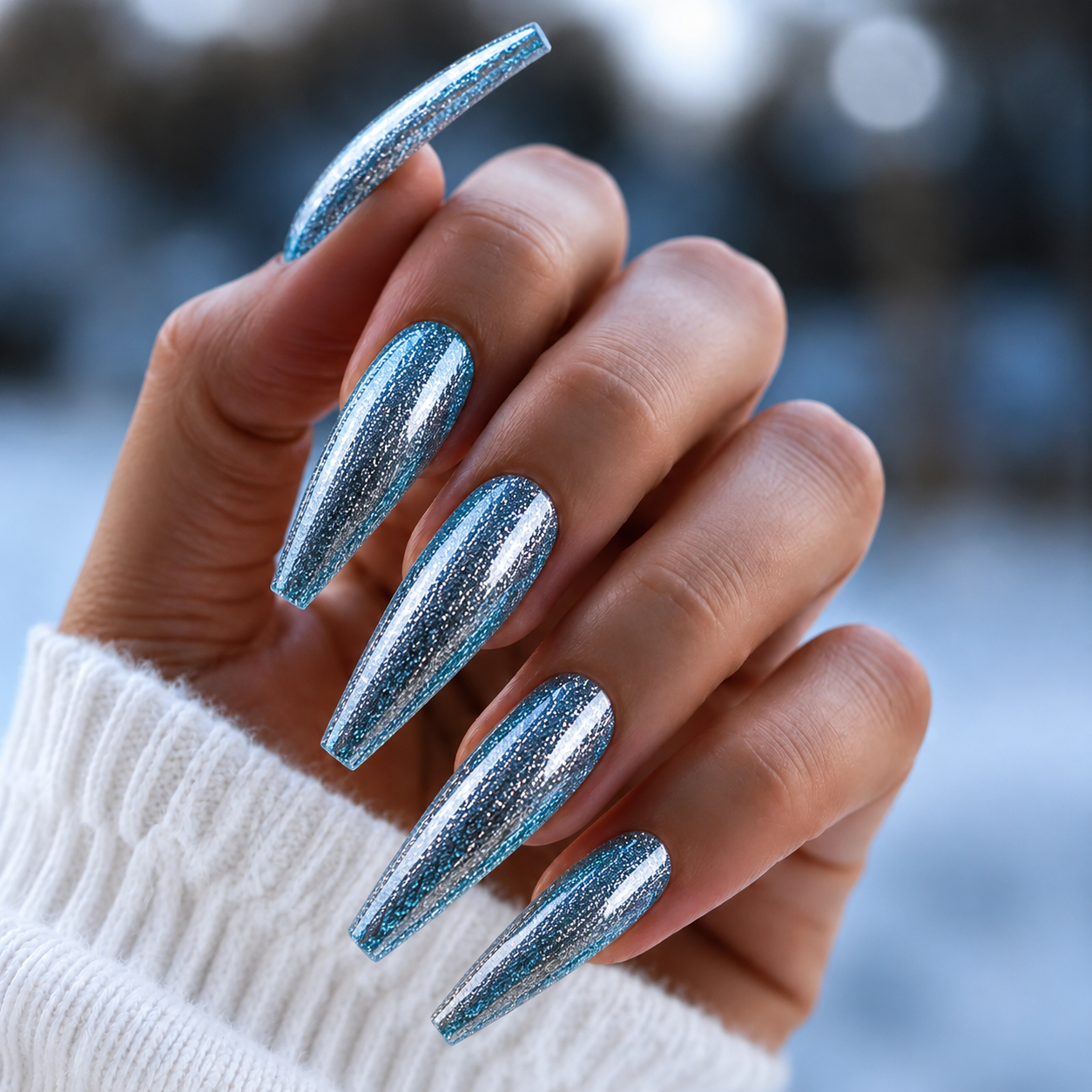 Finished manicured nails using BEMI Metal Leaf Gel in Sky, demonstrating a multidimensional, metallic effect and a flawless, professional finish.