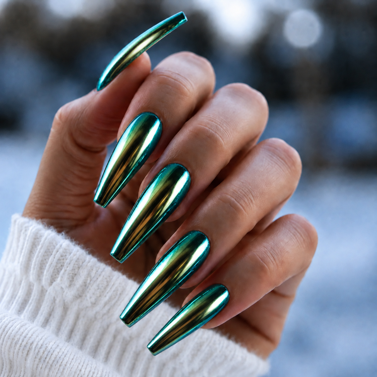 Finished manicured nails with a high-shine liquid metal effect using BEMI Chrome in Supernova, burnished flawlessly over a gel base for professional nail artistry.