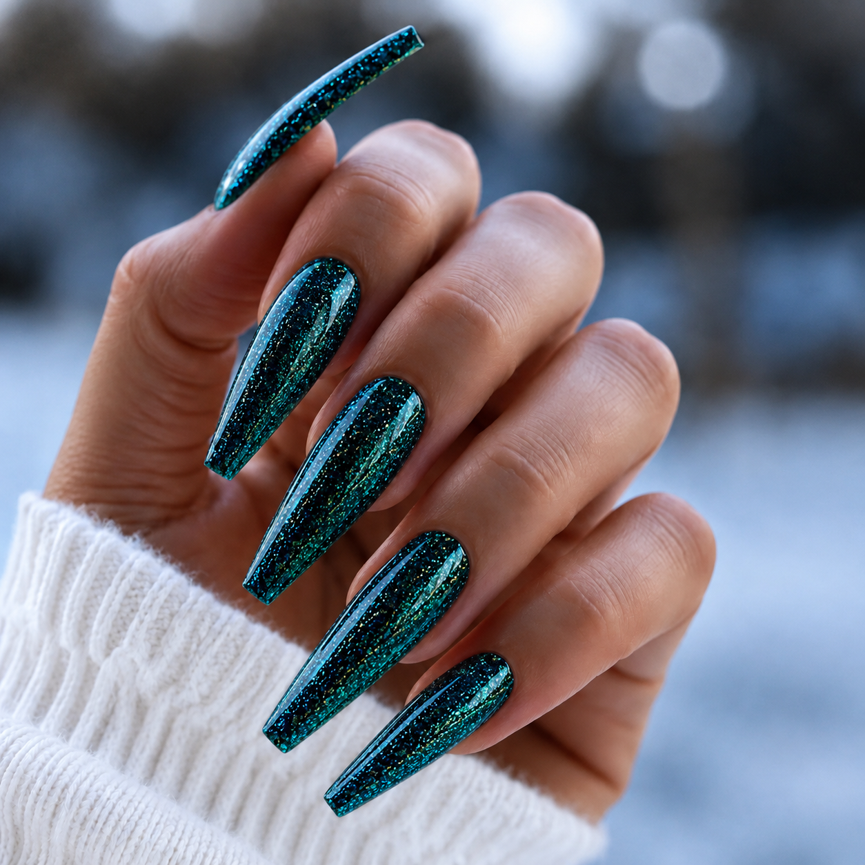 Finished manicured nails using BEMI Metal Leaf Gel in Techno, demonstrating a multidimensional, metallic effect and a flawless, professional finish.