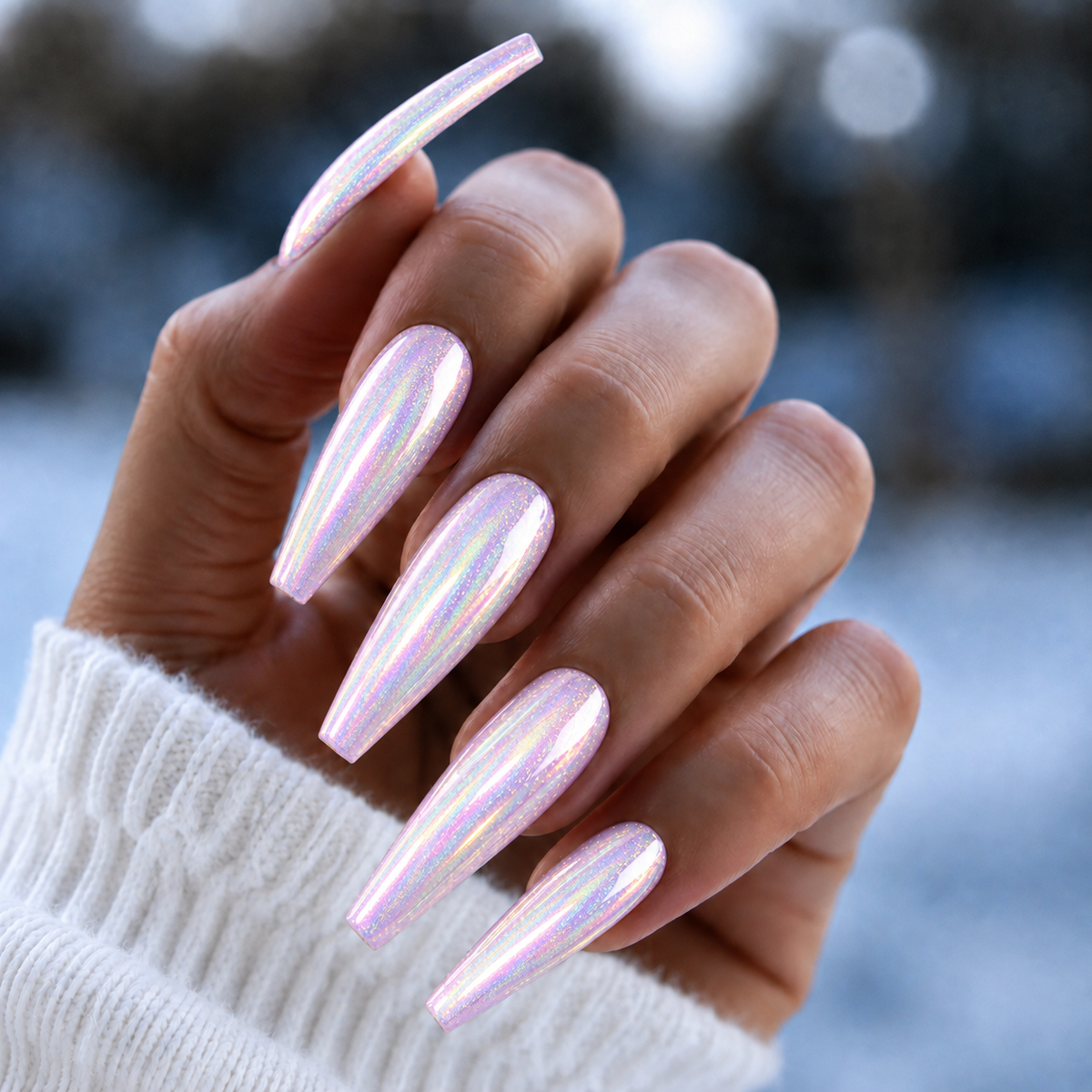 Finished manicured nails with a high-shine liquid metal effect using BEMI Chrome in Unicorn, burnished flawlessly over a gel base for professional nail artistry.