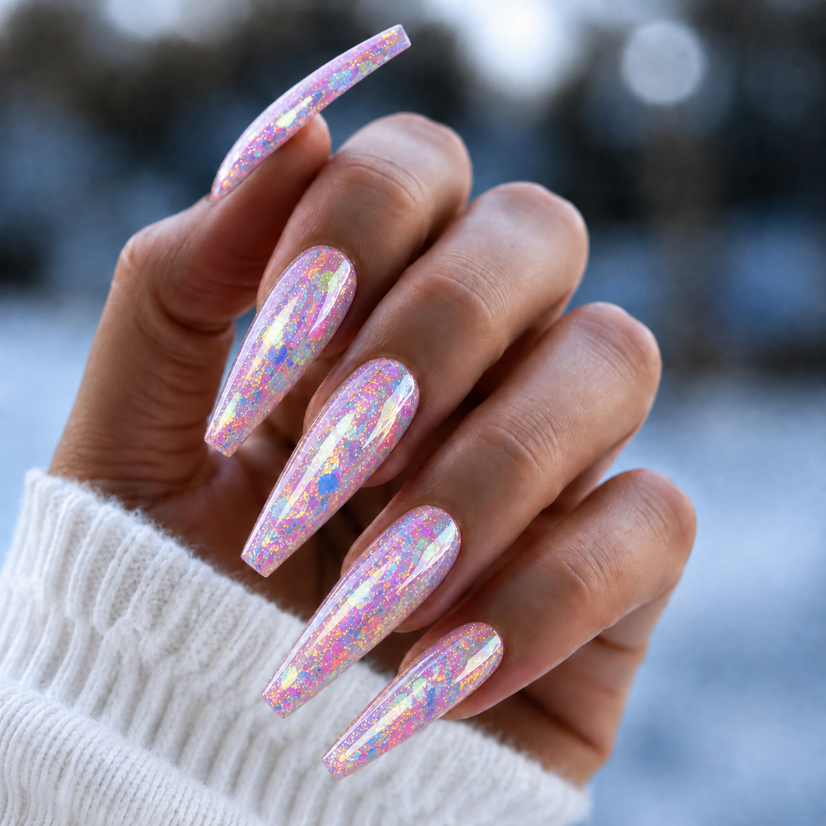 Finished manicured nails with a high-shine liquid metal effect using BEMI Chrome in Unicorn Flakes, burnished flawlessly over a gel base for professional nail artistry.