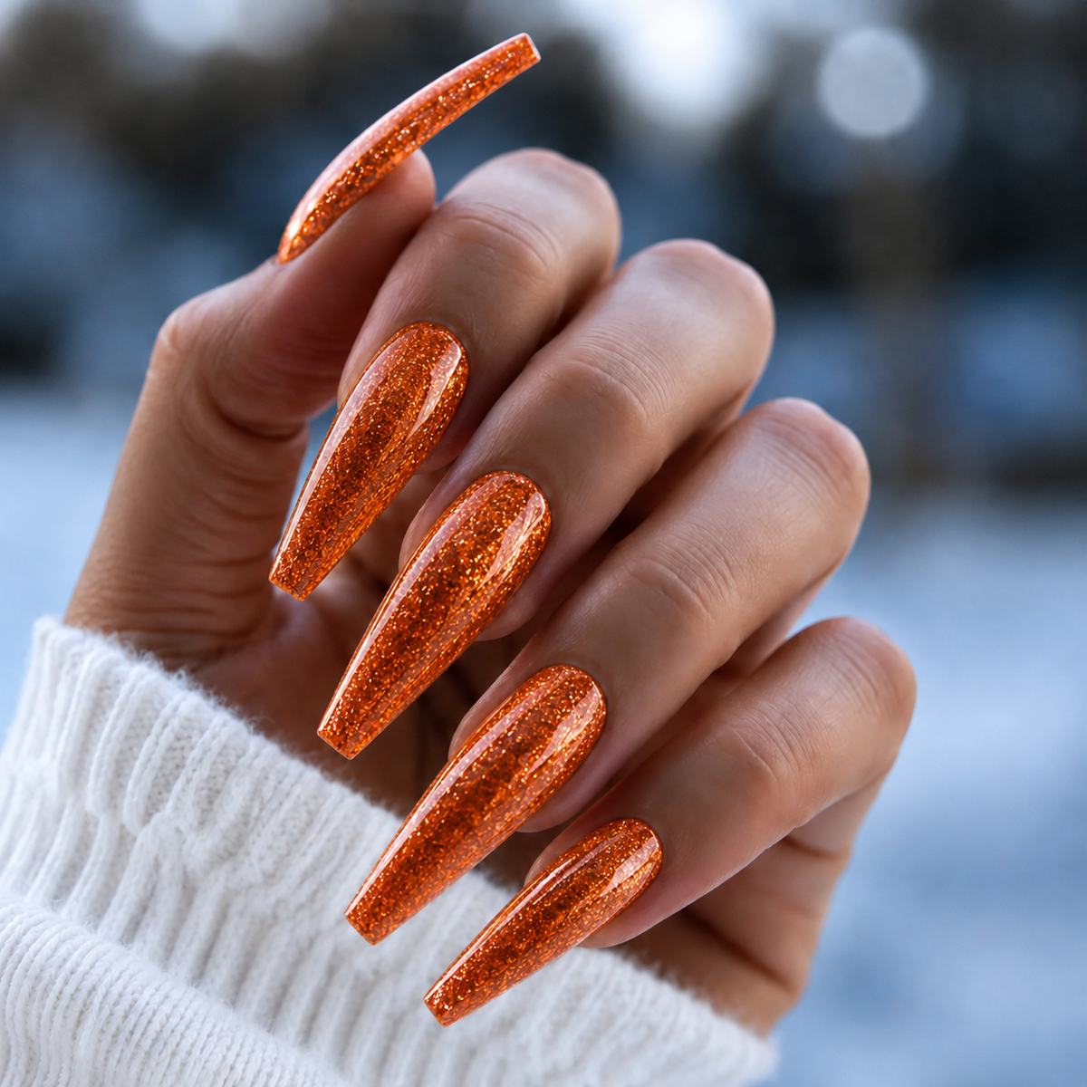 Finished manicured nails using BEMI Metal Leaf Gel in Zest, demonstrating a multidimensional, metallic effect and a flawless, professional finish.