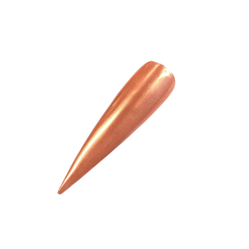 Finished manicured nails with a high-shine liquid metal effect using BEMI Chrome in Neo Orange, burnished flawlessly over a gel base for professional nail artistry.