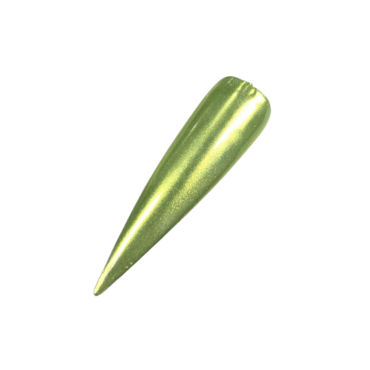 Finished manicured nails with a high-shine liquid metal effect using BEMI Chrome in Neo Green, burnished flawlessly over a gel base for professional nail artistry.