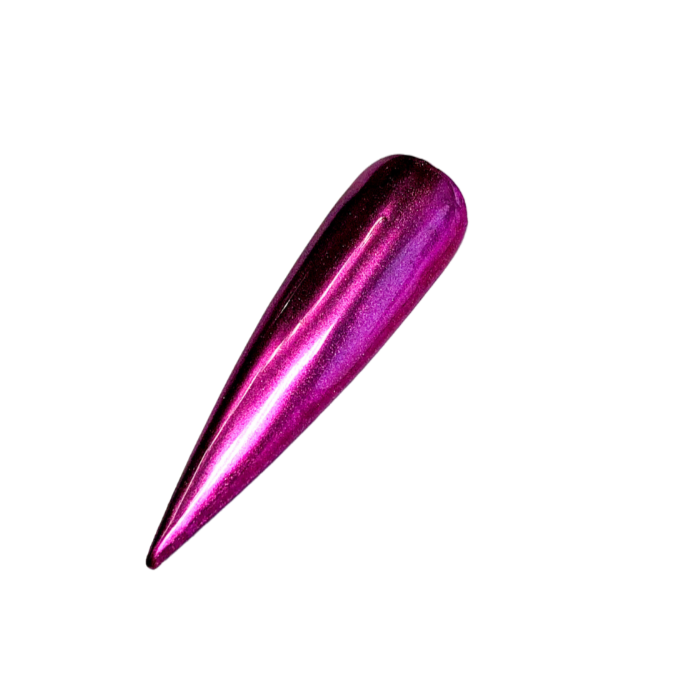 Finished manicured nails with a high-shine liquid metal effect using BEMI Chrome in Chroma Berry, burnished flawlessly over a gel base for professional nail artistry.