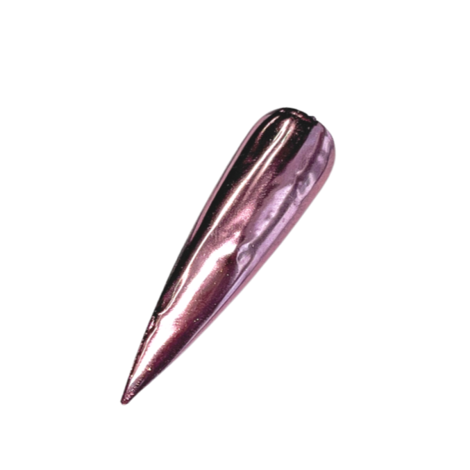 Finished manicured nails with a high-shine liquid metal effect using BEMI Chrome in Chroma Blush, burnished flawlessly over a gel base for professional nail artistry.