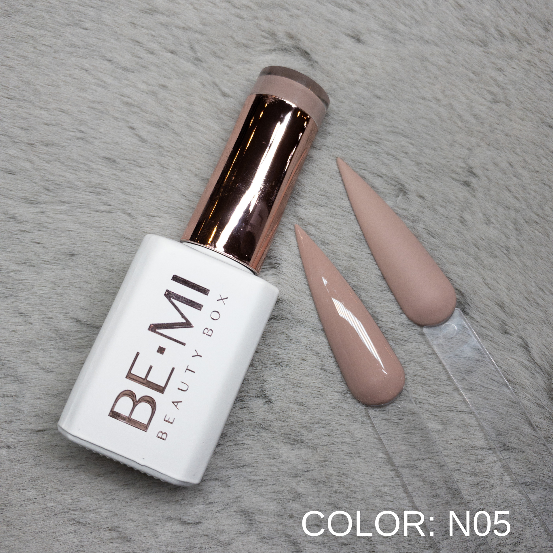 BEMI Creami N05 Gel Polish bottle and color swatch demonstrating full-coverage, self-leveling viscosity designed for professional, streak-free application.