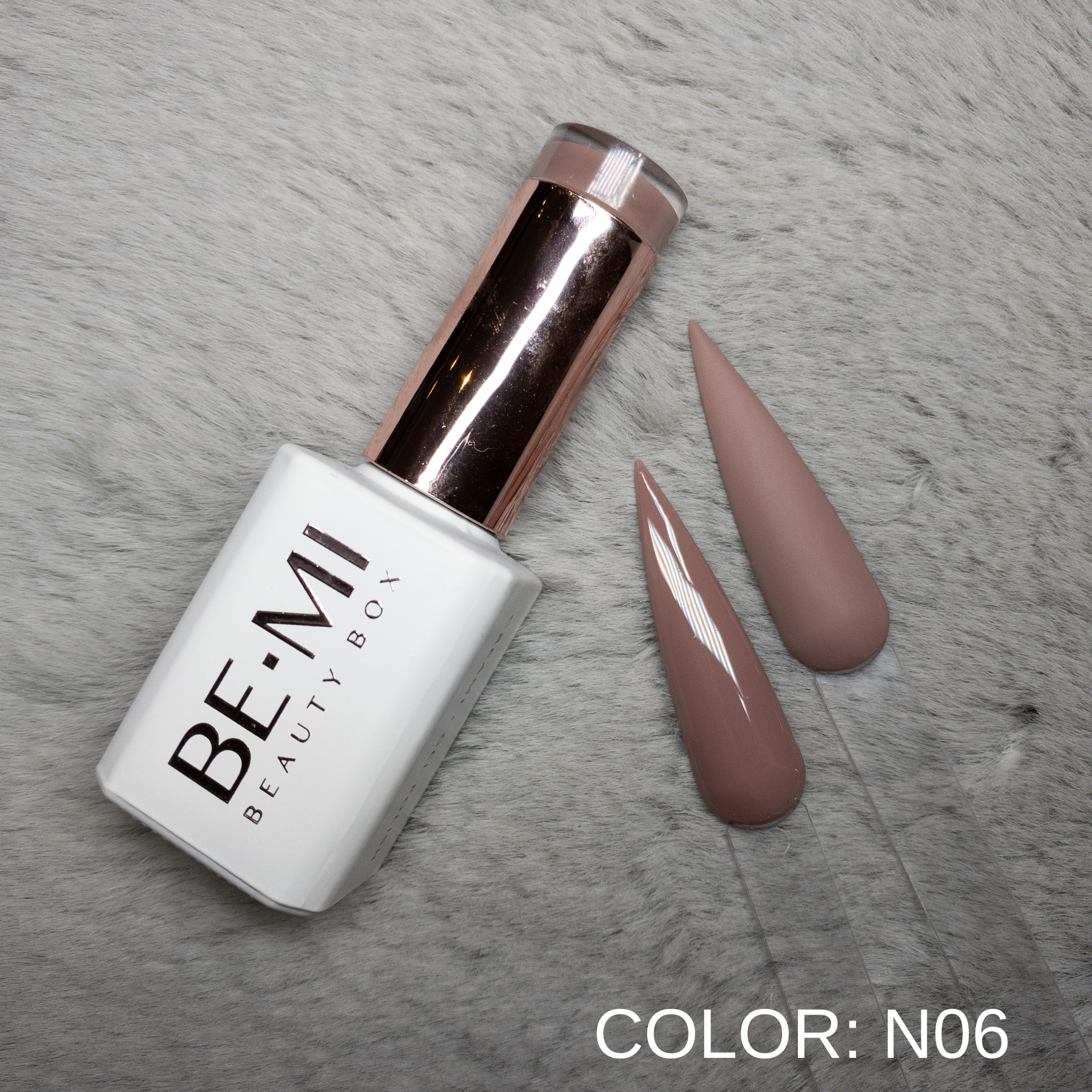 BEMI Creami N06 Gel Polish bottle and color swatch demonstrating full-coverage, self-leveling viscosity designed for professional, streak-free application.