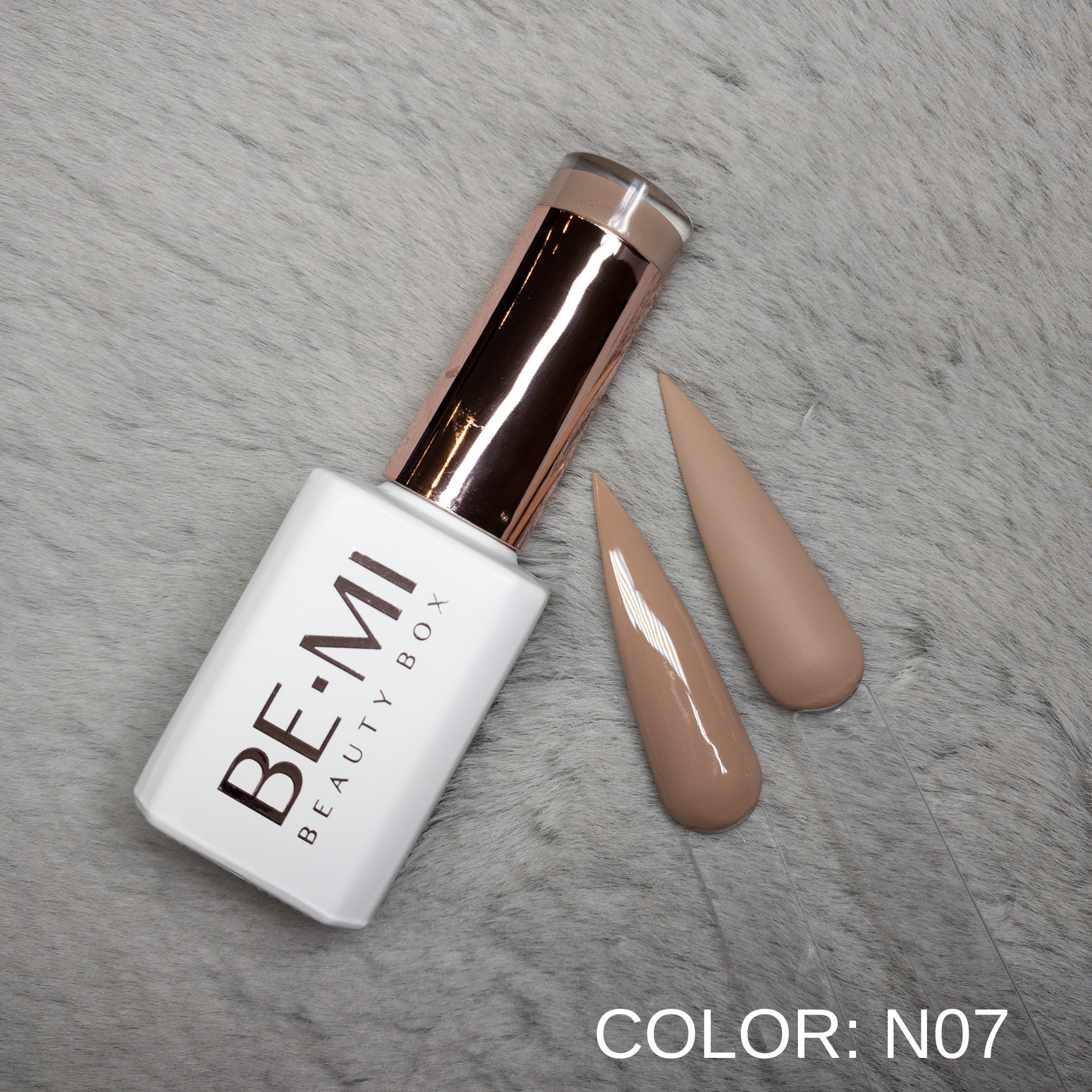 BEMI Creami N07 Gel Polish bottle and color swatch demonstrating full-coverage, self-leveling viscosity designed for professional, streak-free application.