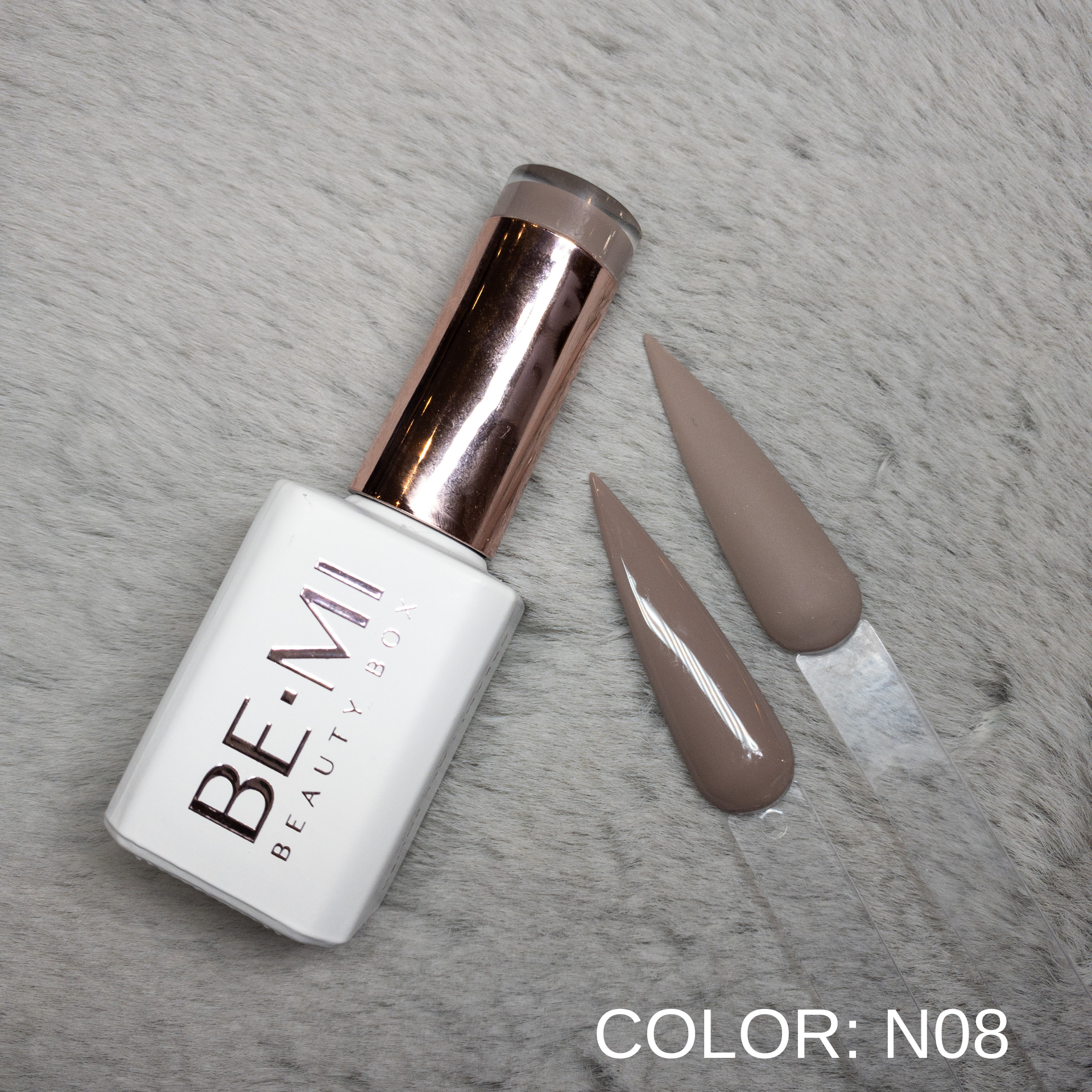 BEMI Creami N08 Gel Polish bottle and color swatch demonstrating full-coverage, self-leveling viscosity designed for professional, streak-free application.