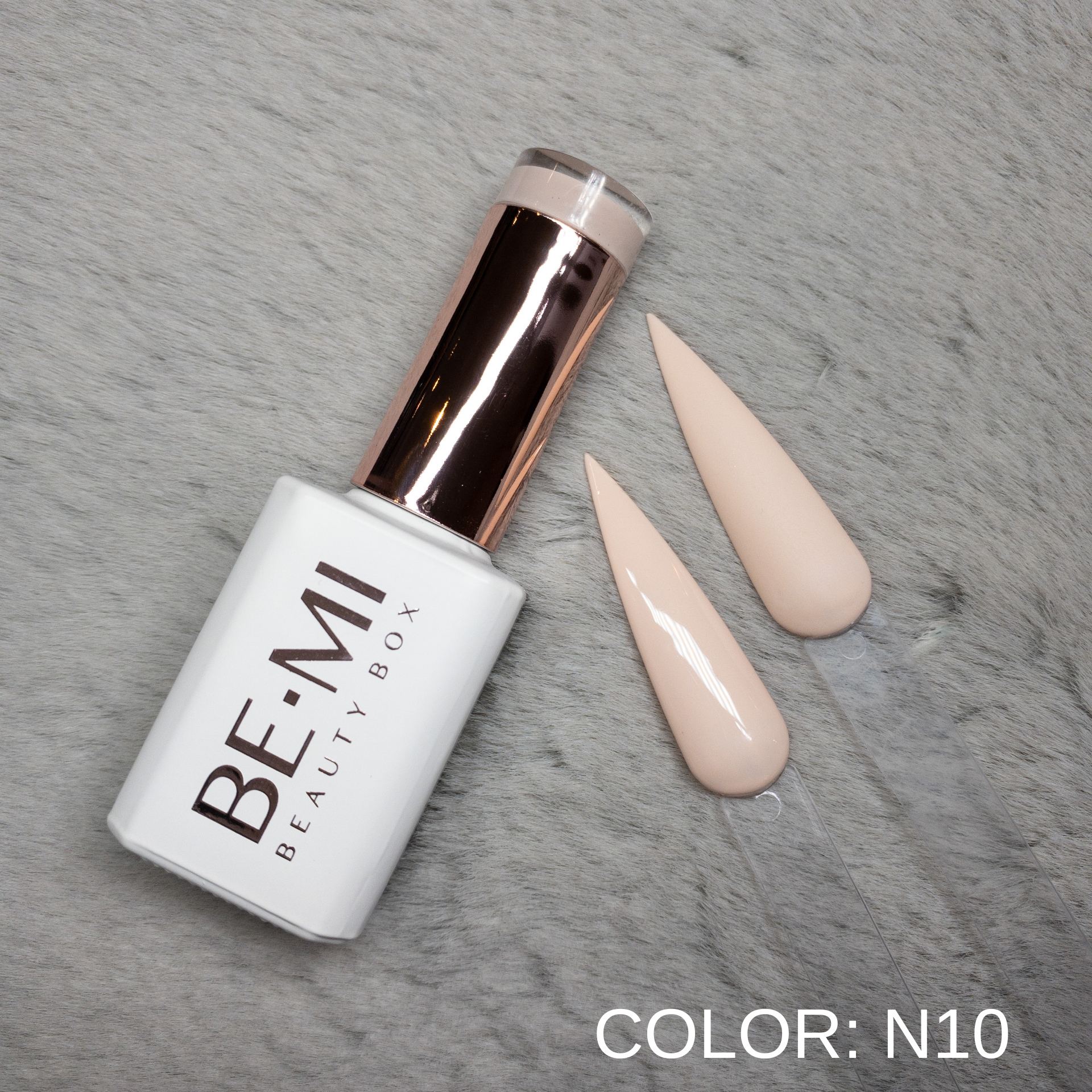 BEMI Creami N10 Gel Polish bottle and color swatch demonstrating full-coverage, self-leveling viscosity designed for professional, streak-free application.