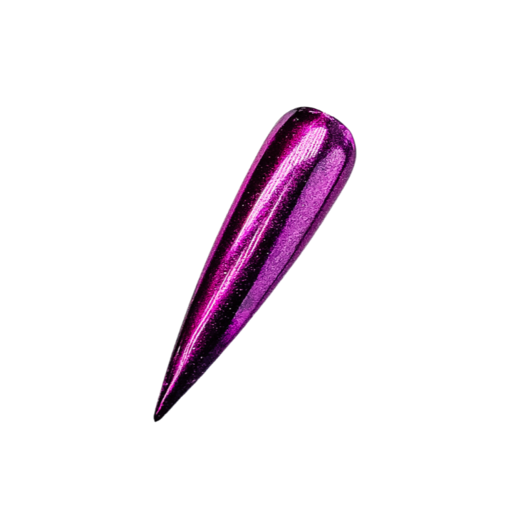 Finished manicured nails with a high-shine liquid metal effect using BEMI Chrome in Chroma Fuchsia, burnished flawlessly over a gel base for professional nail artistry.