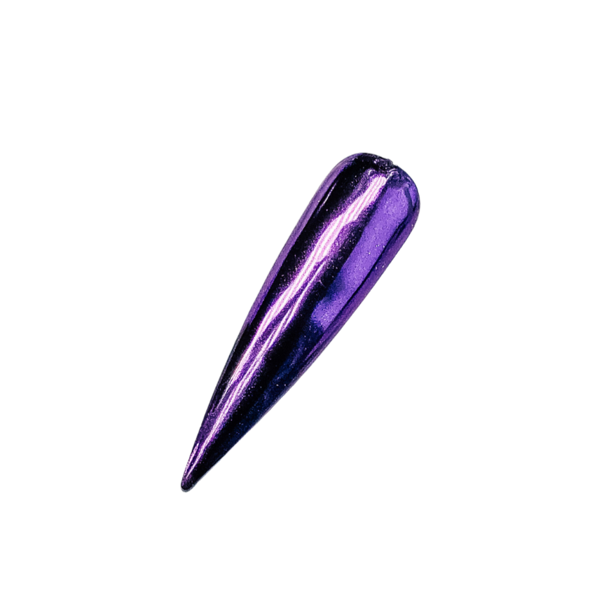 Finished manicured nails with a high-shine liquid metal effect using BEMI Chrome in Chroma Purple, burnished flawlessly over a gel base for professional nail artistry.